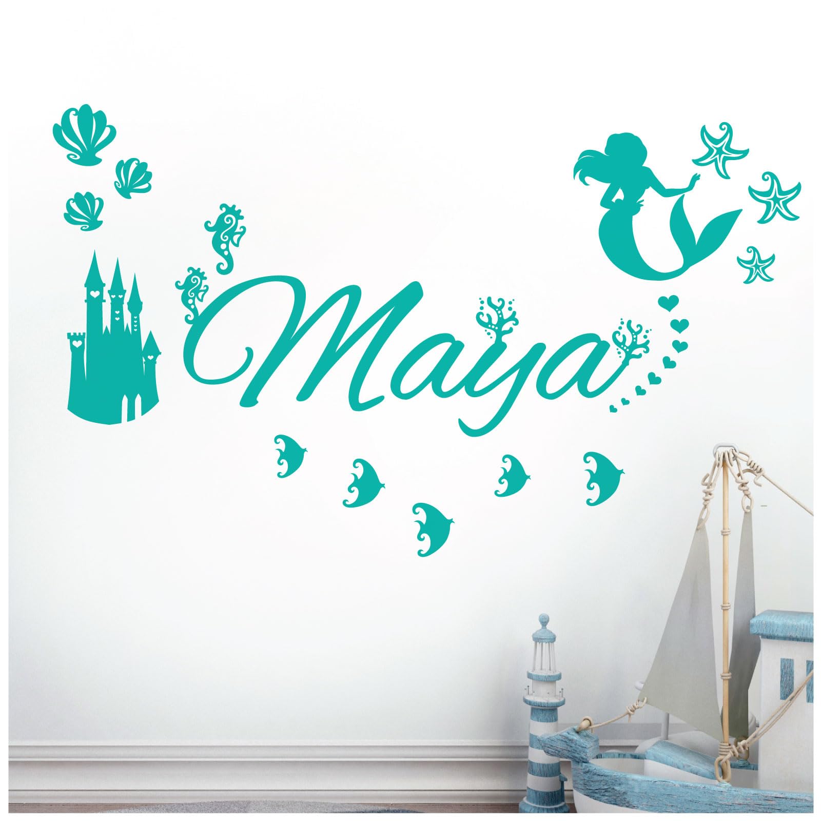 Personalised Name - Little Mermaid Inspired, Ocean, Castle, Starfish - Children's Bedroom Vinyl Wall Decal Sticker [Large] [Turquoise] — image 1