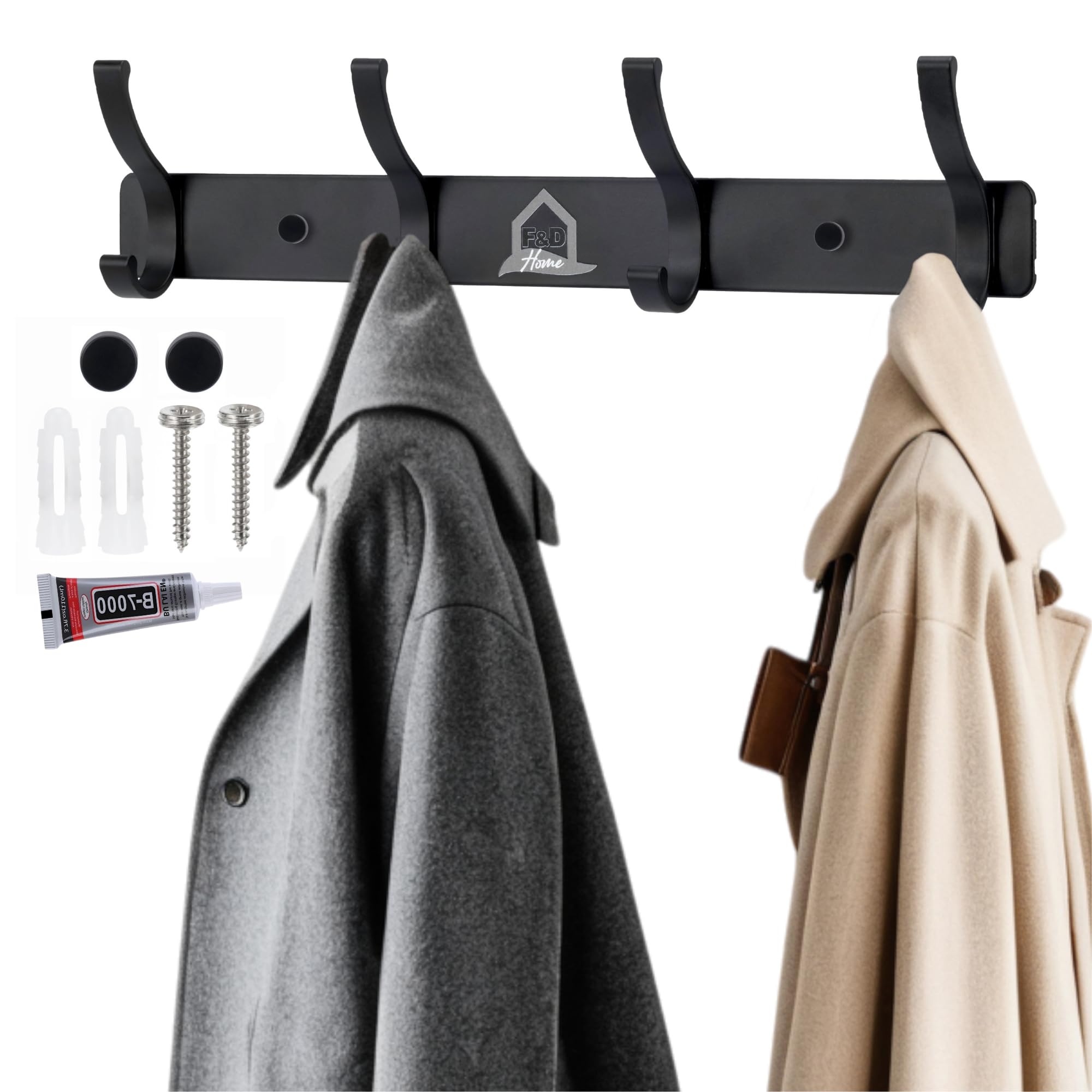 F&D Home - Appendiabiti da Parete con 4 Ganci e 2 Viti Facile da Montare – Attaccapanni da Muro Moderno in Lega di Alluminio – Porta Asciugamani Bagno, Appendigiacche Ingresso,Appendi Strofinacci