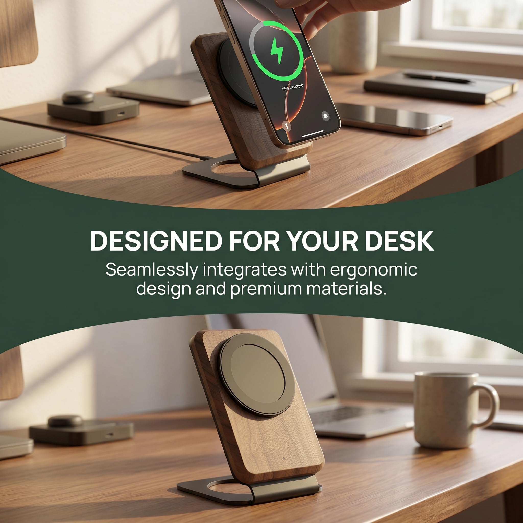 Supporto caricabatterie wireless in legno di noce, 15 W, dock di ricarica rapida compatibile con MagSafe per iPhone 17/16/15/14/13/12, accessorio estetico da scrivania e regalo tecnico per uomo