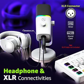 ميكروفون USB للألعاب IXTECH للكمبيوتر الشخصي، ميكروفون مكثف لإلغاء الضوضاء للبودكاست وبث الفيديو مع حامل ثلاثي القوائم، مرشح Pop، حامل الصدمات، التحكم في الكسب، أضواء RGB، زر كتم الصوت الهادئ (أبيض)