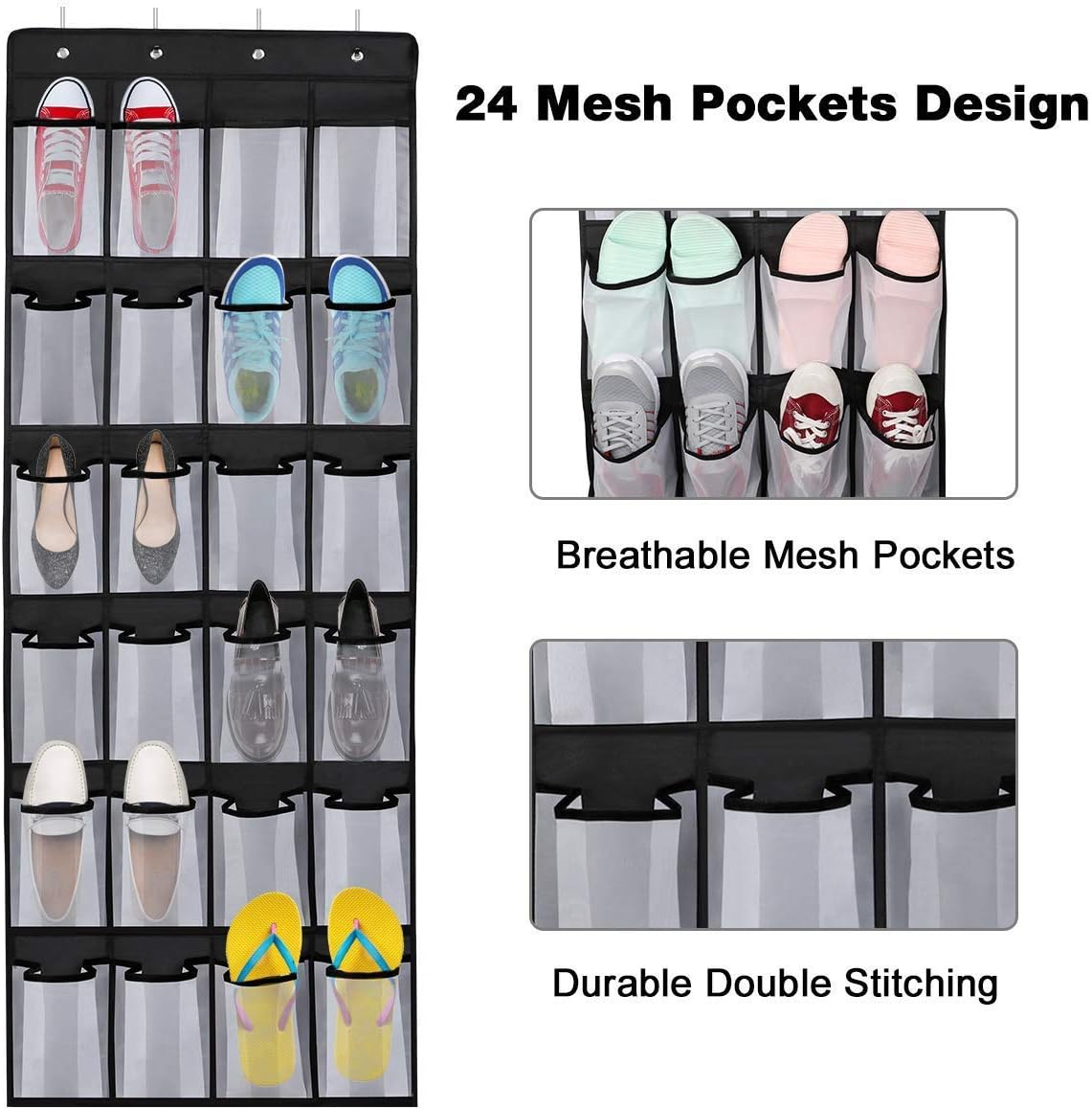 2 Shoe Organizers on The Door Mesh Shoe Rack with 24 Pockets Hanging Shoe Storage Storage with 8 Door Hooks Compatible with Bedroom Closet Bathroom (59 X 21.6 in)