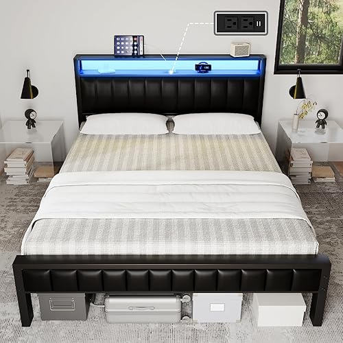 Miniatura 1 de Base de cama de plataforma de tamaño matrimonial, marco de cama LED con piel sintética y estación de carga, cabecera de almacenamiento de 2 niveles,
