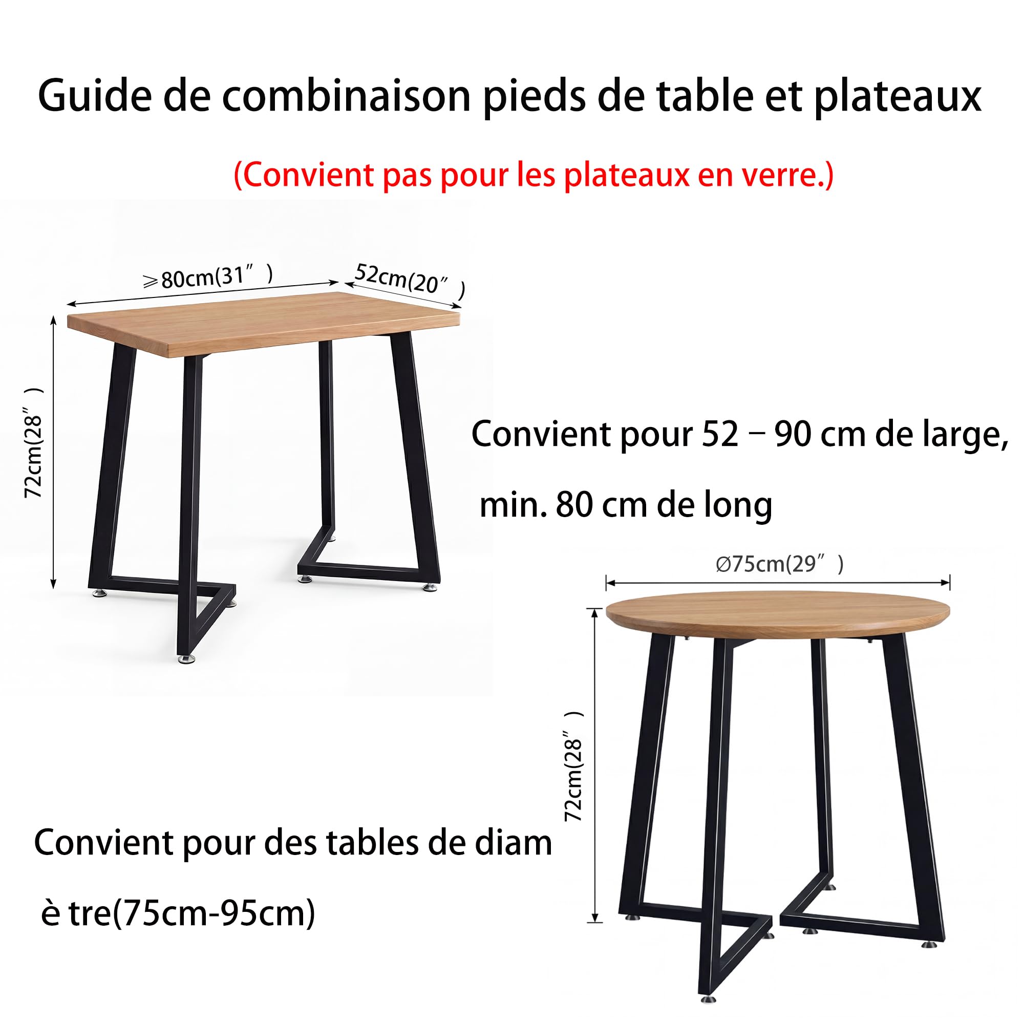 Pieds de Table Métal Noir 70 cm en V pour Table à Manger et Bureau