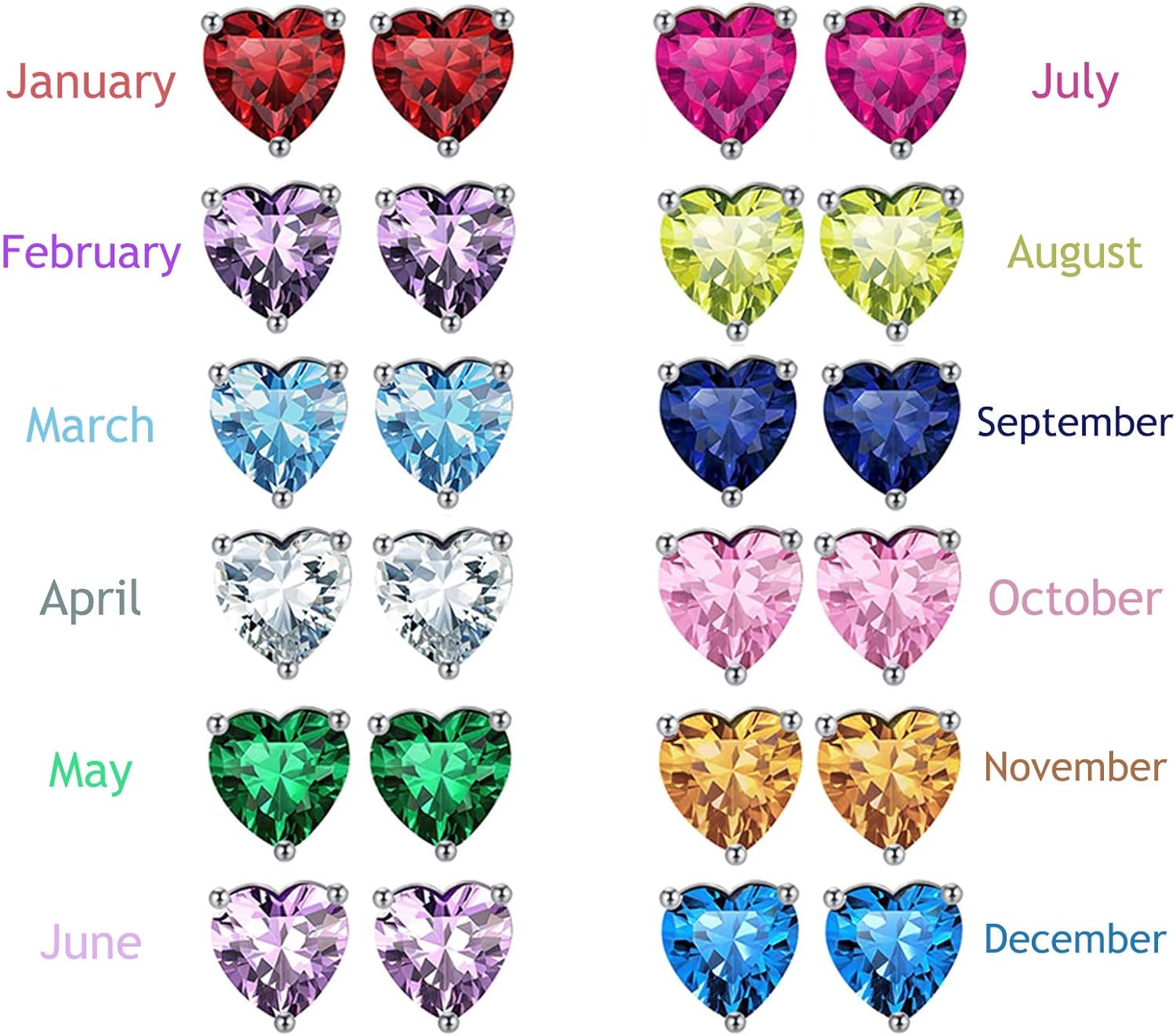 Nbsameng Birthstone Stud Earrings For Women,heart 925 Sterling Silver Stud Earrings, Cubic Zirconia Earrings Hypoallergenic Studs, Jewelry Gifts 6MM