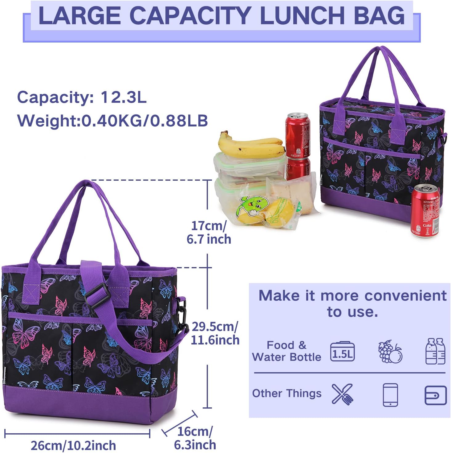 Lunch Bags for Women,VONXURY lnsulated Thermal Adult Lunch Box Large High-capacity Cooler Lunch Tote with Detachable Shoulder Strap for Work College Travel Picnic (Black Butterfly) - Image 4