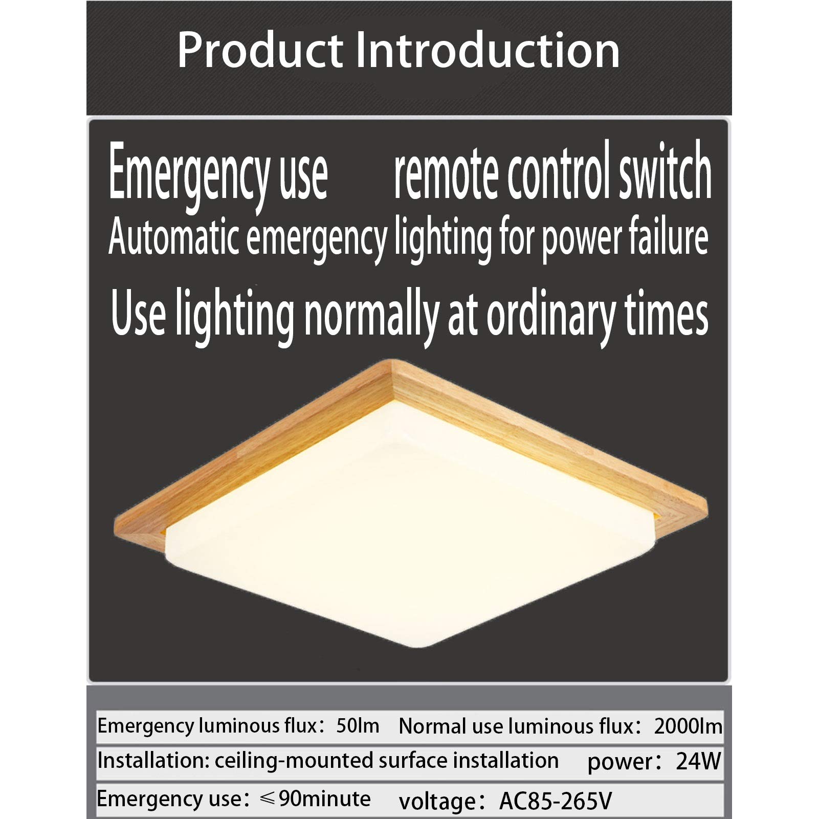Lámpara de techo de emergencia con control remoto, continuará la luz durante 90 minutos después de la falla de la alimentación, la carcasa de madera maciza de atenuación continua (Size : Large)