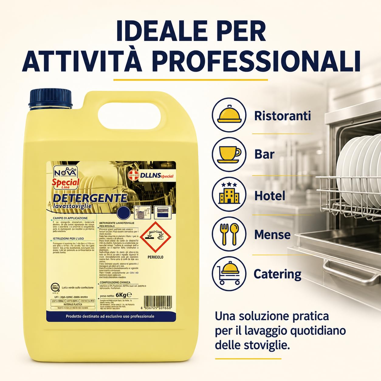 Detergente Lavastoviglie Professionale Liquido, 4 Taniche da 6 kg, Detergente Concentrato per Acque Dure, Pulizia Stoviglie per Ristoranti, Hotel, Bar e Cucine Professionali