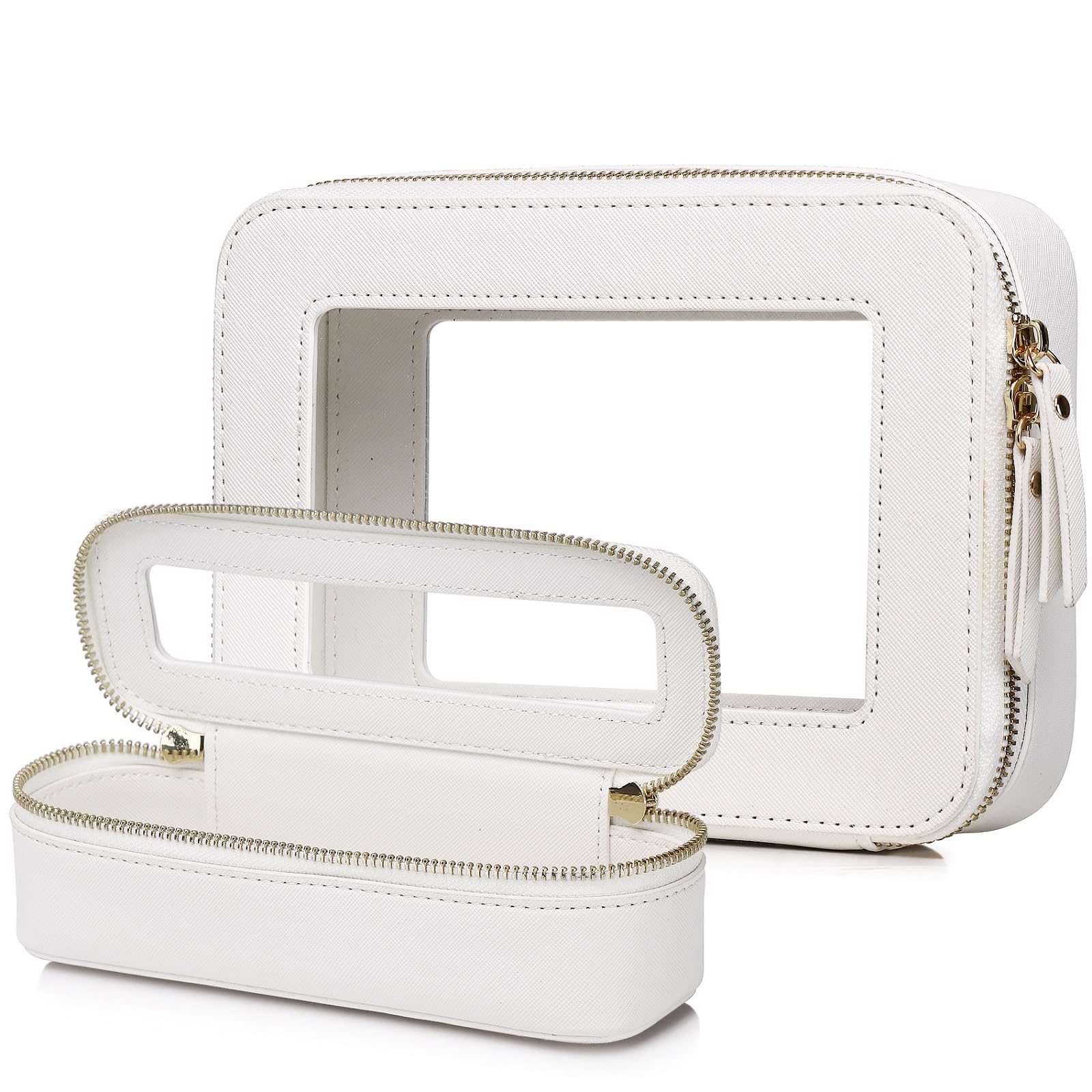 Pinkmik Petit Sac à Maquillage Transparent Mini Trousse de Cosmétiques Étanche avec Fermeture Éclair - Trousse de Toilette pour Femme - Organisateur de Sac à Main & Essentiels de Voiture, blanc, M+