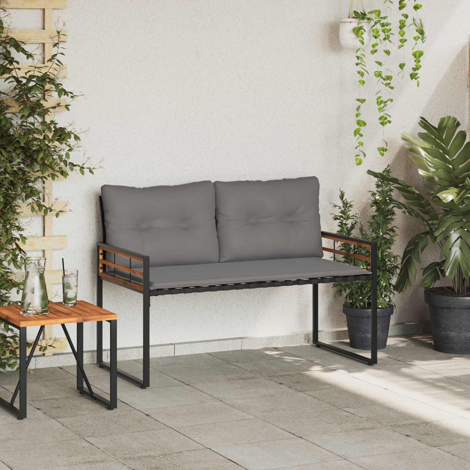 Drewniana ławka z poduszkami, jasnoszara, wykonana z litego drewna akacjowego i stali malowanej proszkowo, 114 x 55 x 77 cm, do ogrodu, na taras, balkon i do użytku na zewnątrz, z regulowanymi