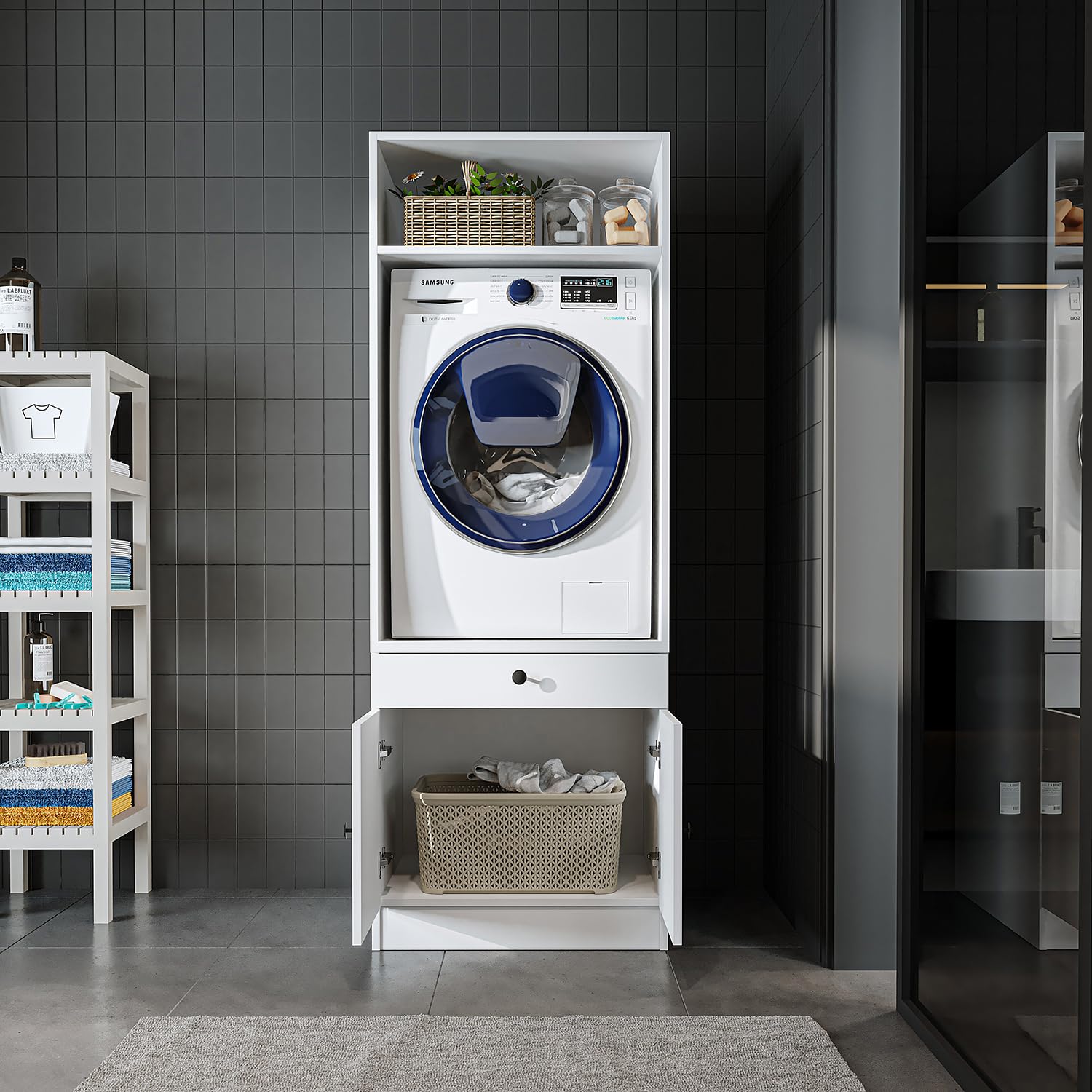 ROOMART • Waschmaschinenschrank mit Ausziehplatte • Platzsparend • Praktisch • Ideal für Hauswirtschaftsraum (Weiß, 1 Schrank - (184cm hoch))
