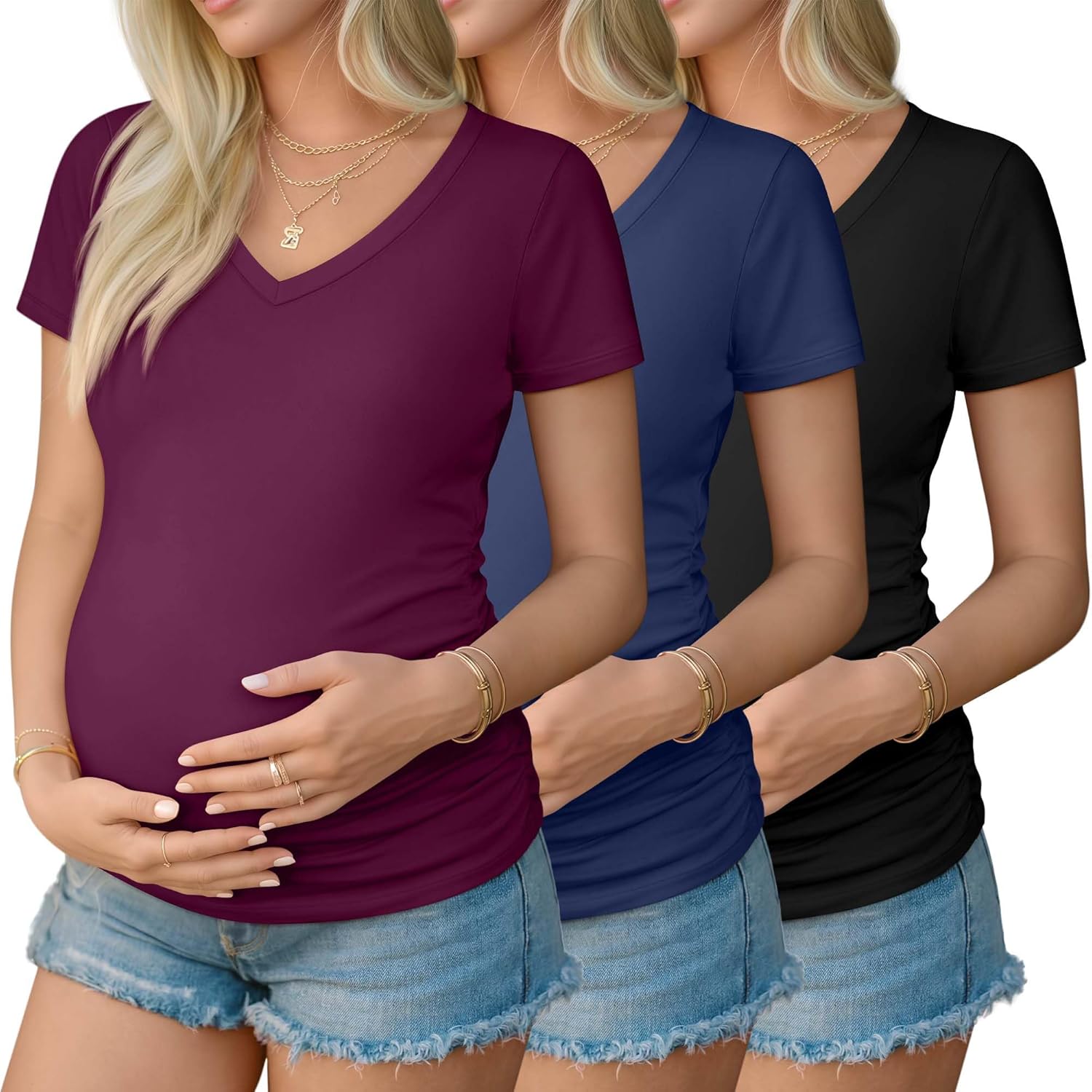 Ficerd 3 Pack Women's Maternity T-Shirts Cotton Blend Short Sleeve Pregnancy Shirts Summer V Neck Mama Tees Tops