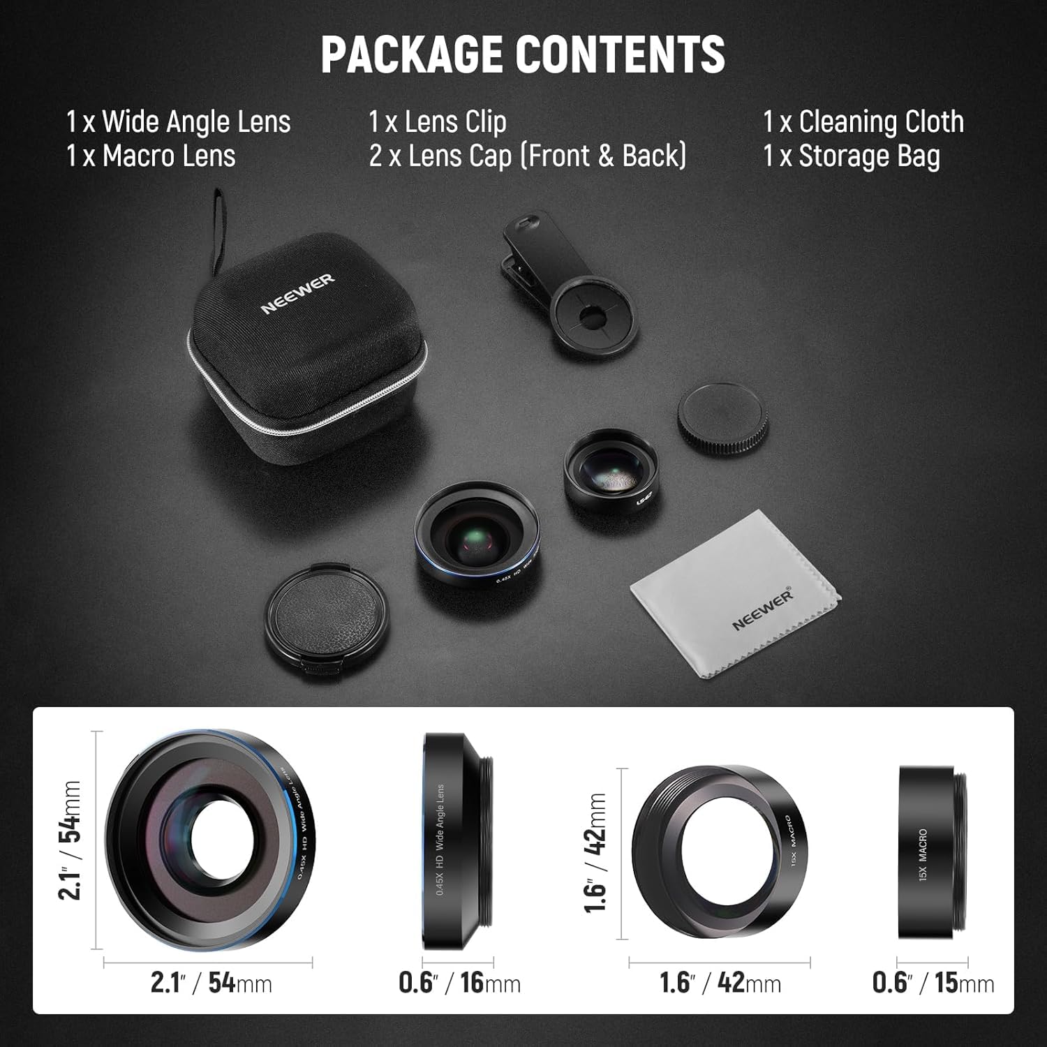 NEEWER BASICS Zestaw akcesoriów do aparatu telefonicznego 2 w 1, szeroki kąt HD 0,45 x + 15 x makro, klips do obiektywu, odłączany adapter filtra 17 mm do 37 mm, pierścień kompatybilny z iPhone'em