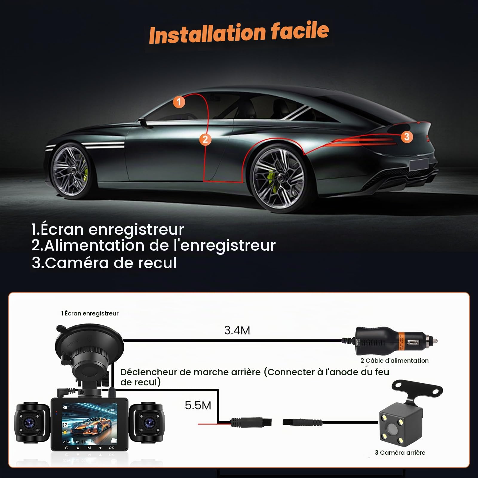 Roinvou Dashcam Voiture Avant 1080P, Camera Voiture 2.4'' IPS Écran, Dash Cam Grand Angle 170°, Camera Voiture avec Carte SD 64G, Vision Nocturne, Enregistrement en Boucle, Capteur G, Parking Monitor