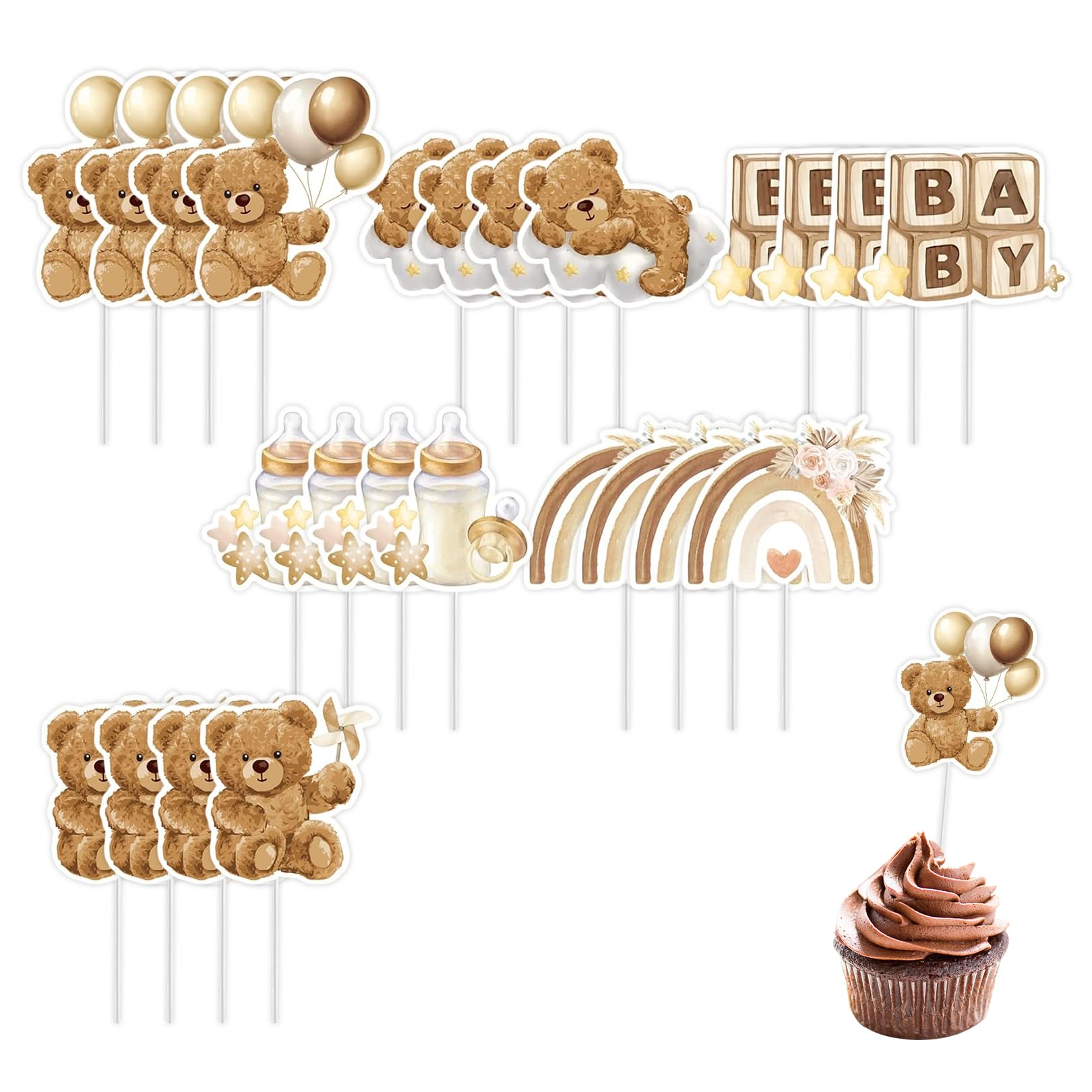 24 Pcs Baby Shower Cake Topper,Paper Baby Shower Cake Decorations,Cupcake Decorations for Gender Reveal Party,Brown Bear Cake Topper for Birthday Party,Gender Reveal Decoration