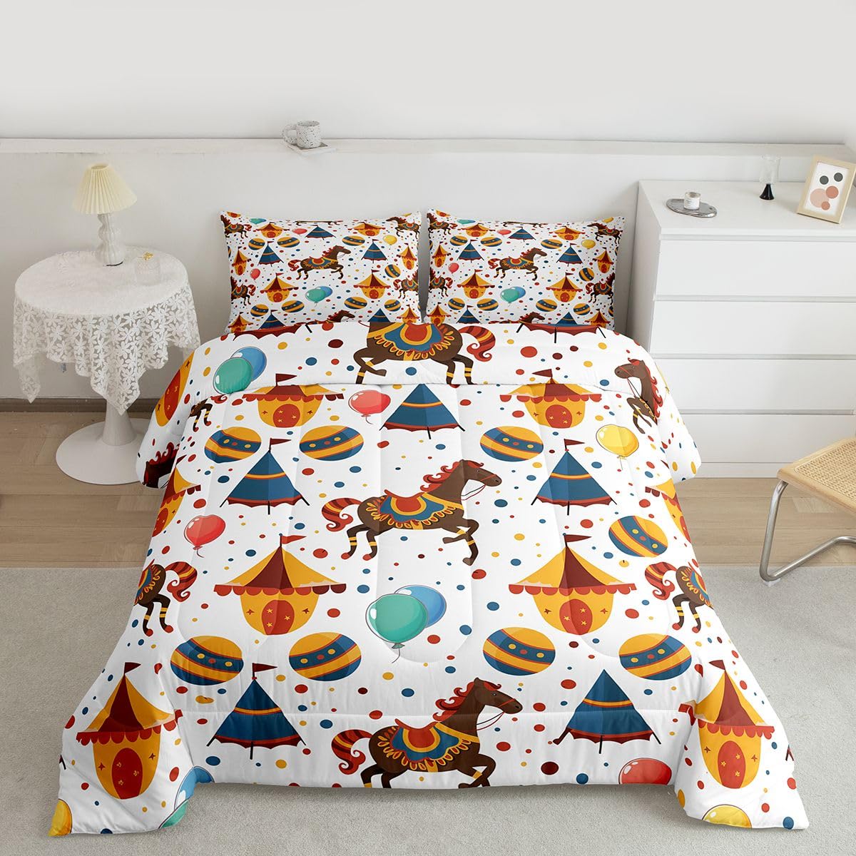 Castle Fairy Circus Bedding Set Full Size Cartoon Circus Carousel Tent Comforter Boys Girls Bedroom Decor Colorful Funny Dots Comforter Set Blue Yellow 3Pcs Quilt Set,2 Pillowcase