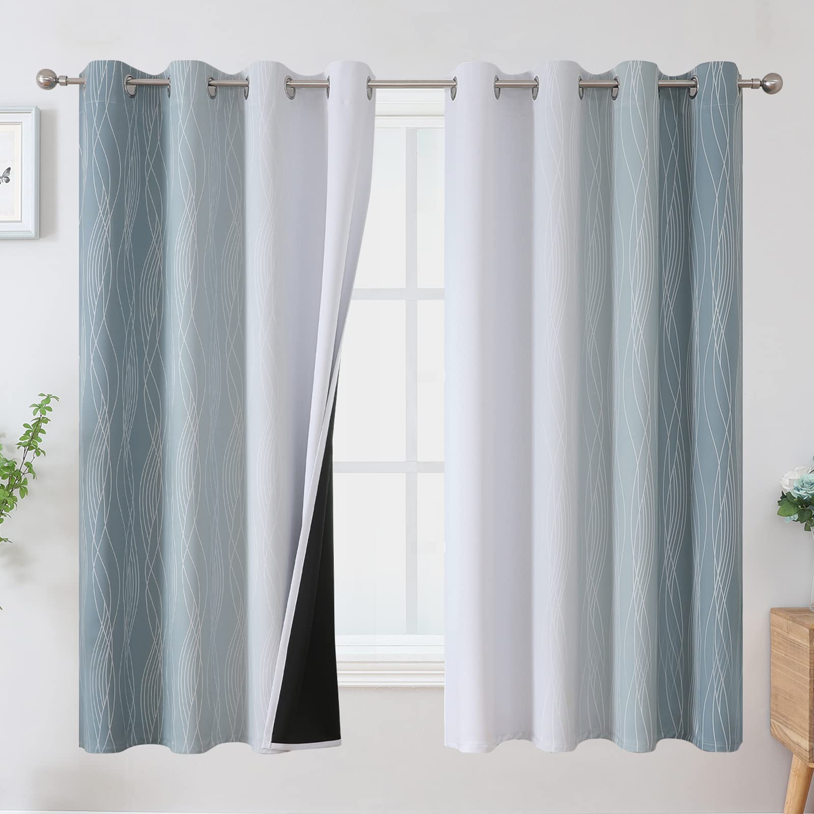 Estelar Textiler Stone Blue and Greyish White Blackout Curtains 63 Inch Length 2 Panels Set, Room Darkening Grommet Ombre Curtains for Bedroom, Thermal Insulated Light Blocking Gradient Drapes,52Wx63L