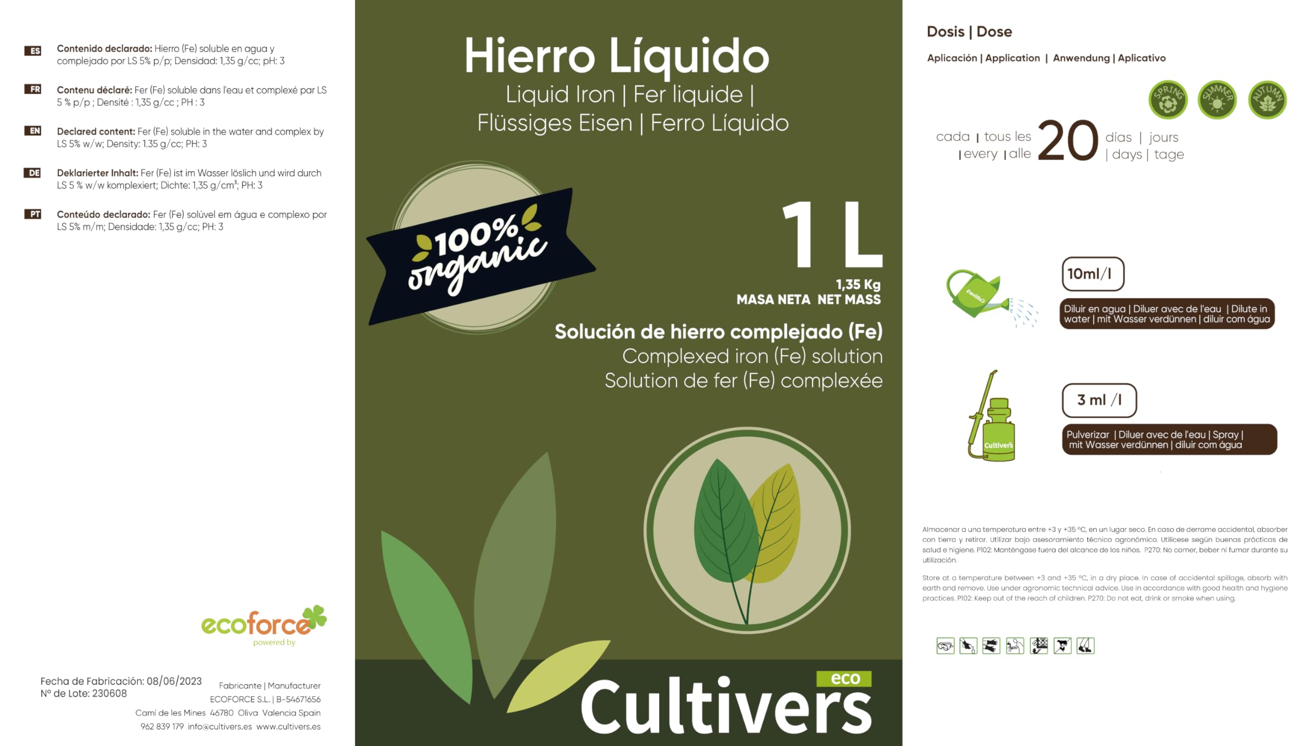 CULTIVERS Hierro Líquido para Plantas 5 L | Abono Líquido con Hierro para Nutrición Vegetal en Plantas, Hortalizas y Árboles en Suelos con Baja Disponibilidad de Hierro