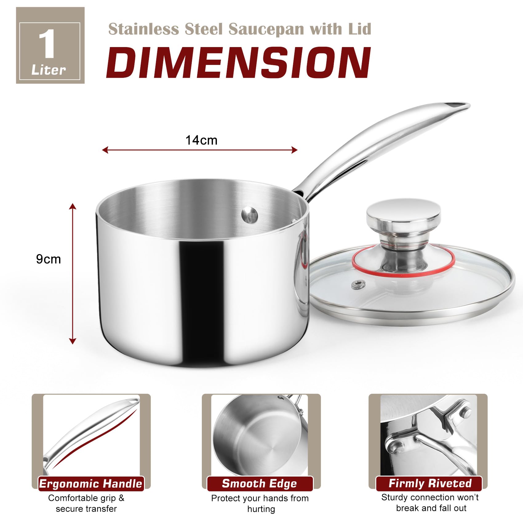 Onader 14cm Saucepan, Tri-Ply Stainless Steel Sauce Pot with Glass Lid, Induction Safe Small Milk Pan for Kitchen Cooking Boiling, Easy Clean - Silver - Image 2