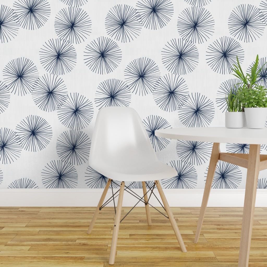Removable Wallpaper 3ft x 2ft - Mid Century Midcentury Modern Dandelions White Navy Circle Minimalist Mod Neutral Custom Pre-Pasted Wallpaper by Spoonflower