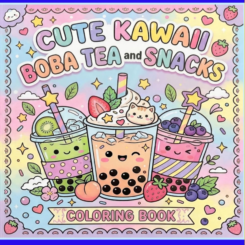Cute Kawaii Boba Tea and Snacks: Coloring book