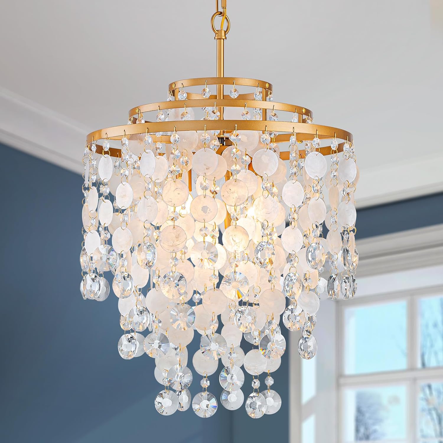 4-Light Capiz Shell Crystal Chandeliers, Coastal Pendant Light Fixture for Dining Room, Living Room, D16.5 x H28~75"(Adjustable Height), K9 Crystal & Shell Pendants & Brass Finish