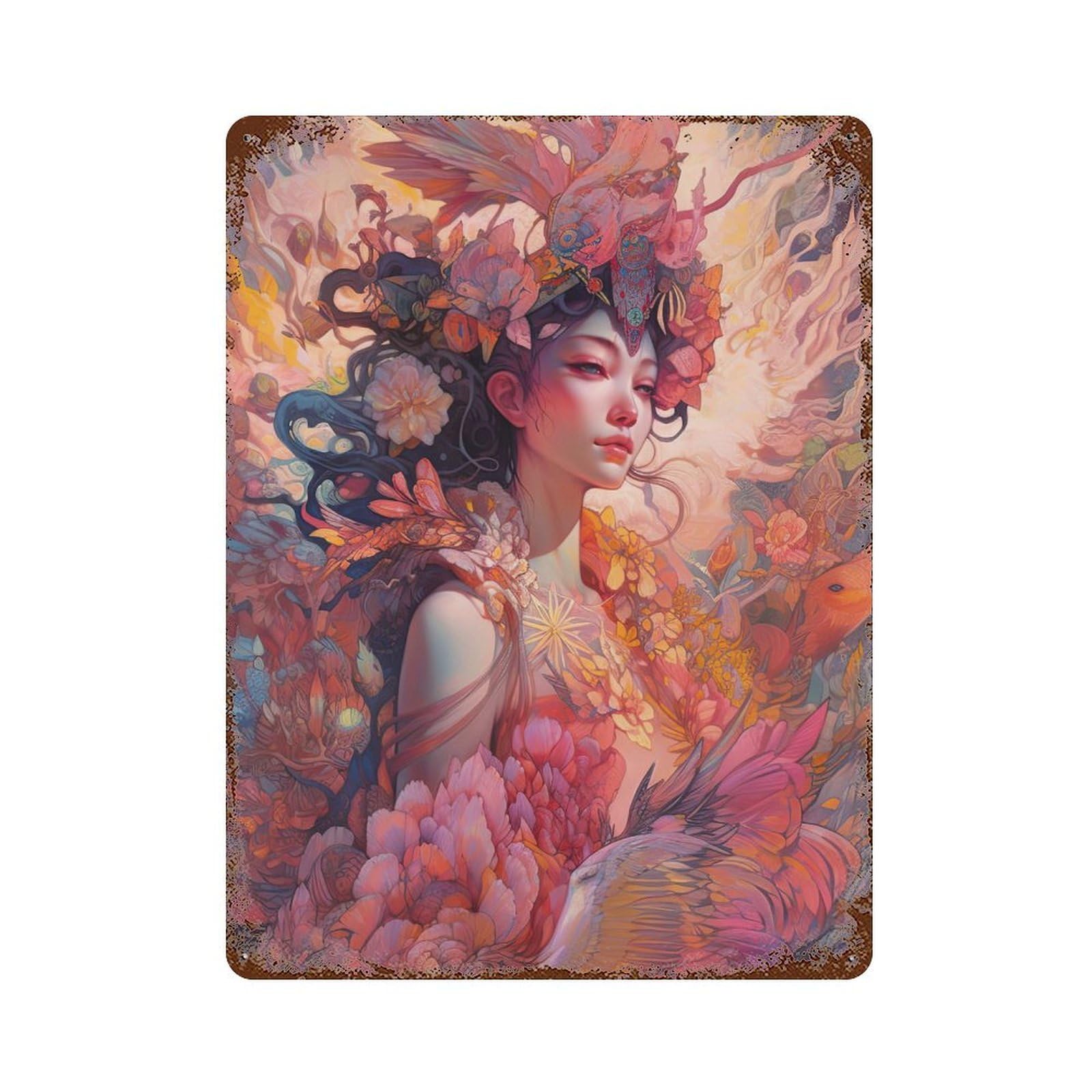 Rust Effect Fantasy Artwork Woman with Phoenix Wings Distressed Metal Wall Sign 15.7"x11.8", Shabby Chic Decor for Pub, Kitchen And Man Cave Decor