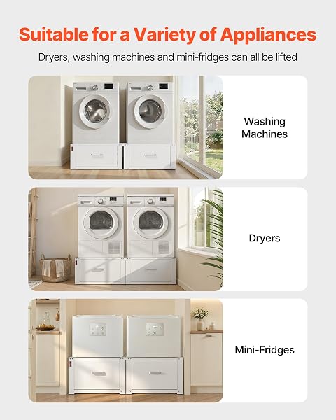 VEVOR Socle Lave Linge Hauteur 31 cm Support Machine à Laver Charge 150 kg Rehausseur à Tiroir pour Sèche-linge Réfrigérateur Compact Buanderie, en Acier Robuste, Pieds Antidérapants, Blanc, Lot de 2 - 2