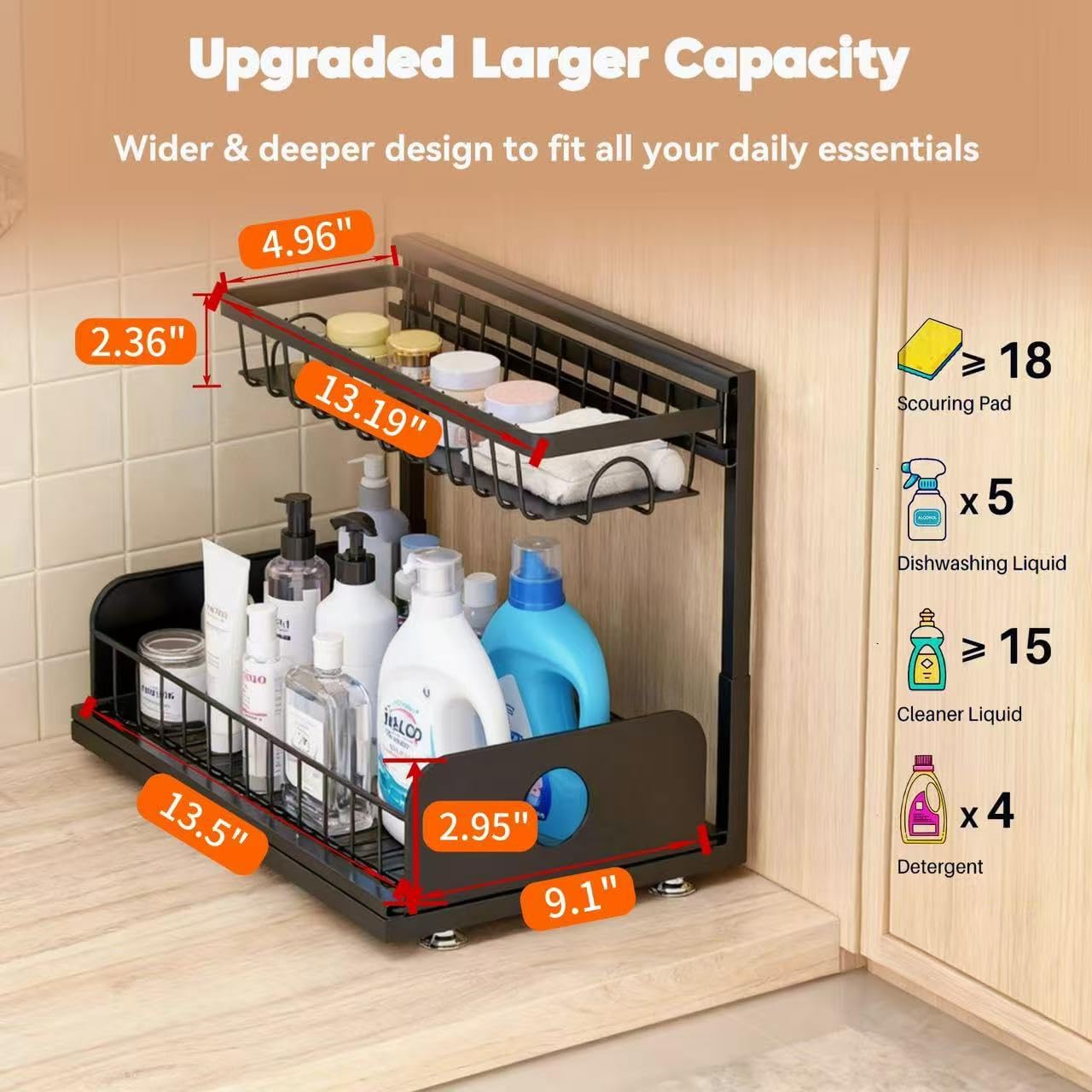 Under Sink Organizer, 2 Pack Under Kitchen Cabinet Organizer, Height Adjustable Pull Out Mute Slide-Out 2 Tier Metal Under Sink Storage for Bathroom, Pantry, Kitchen & Bedroom (Black, 2 Pack) image 3