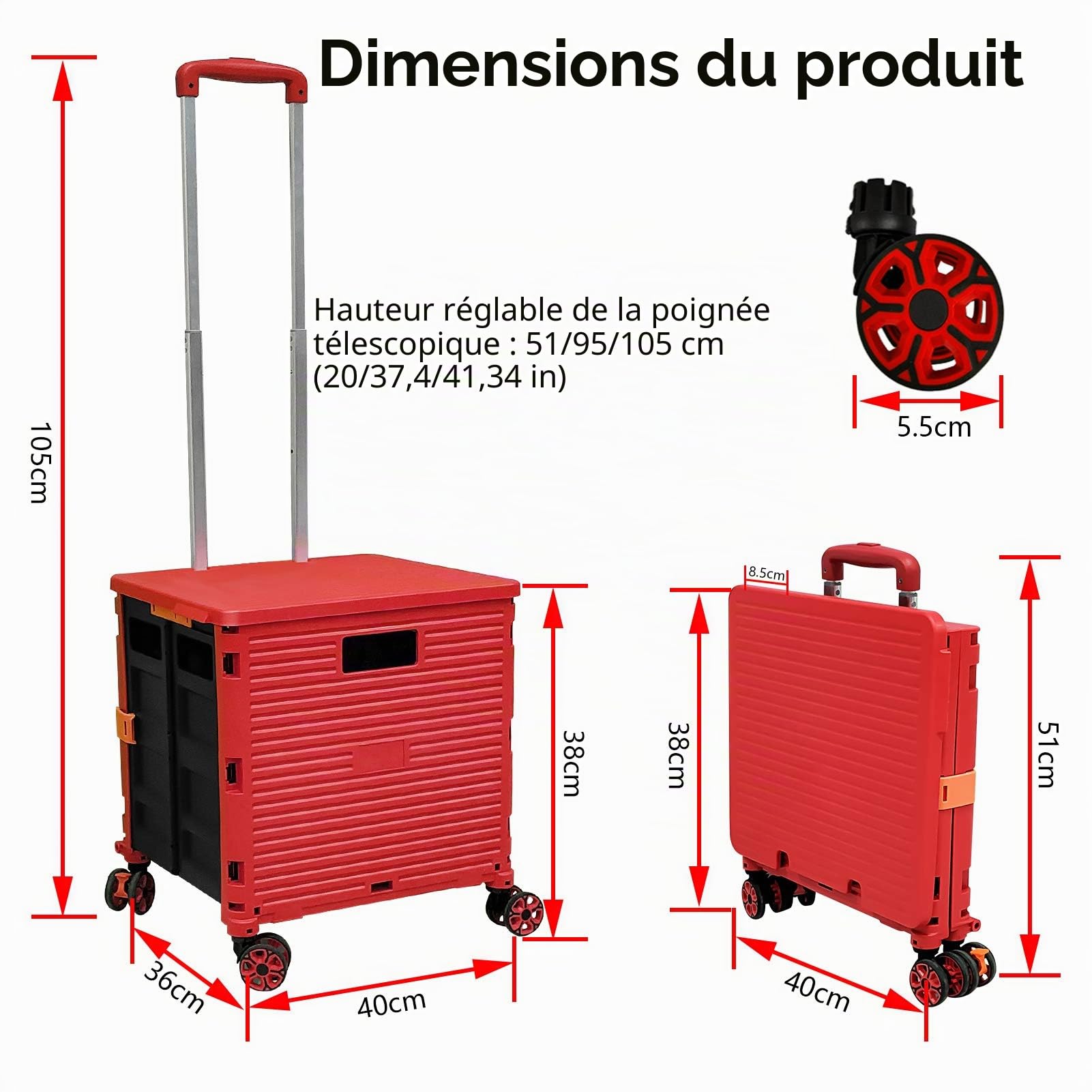 Caddie Pliable à Roulette, 54L/45KG Chariot Utilitaire Multifonctionnel et Durable de Grande Capacité avec Poignée Télescopique et 4 Roues Pivotantes Démontables pour Achats et Transportez, Rouge
