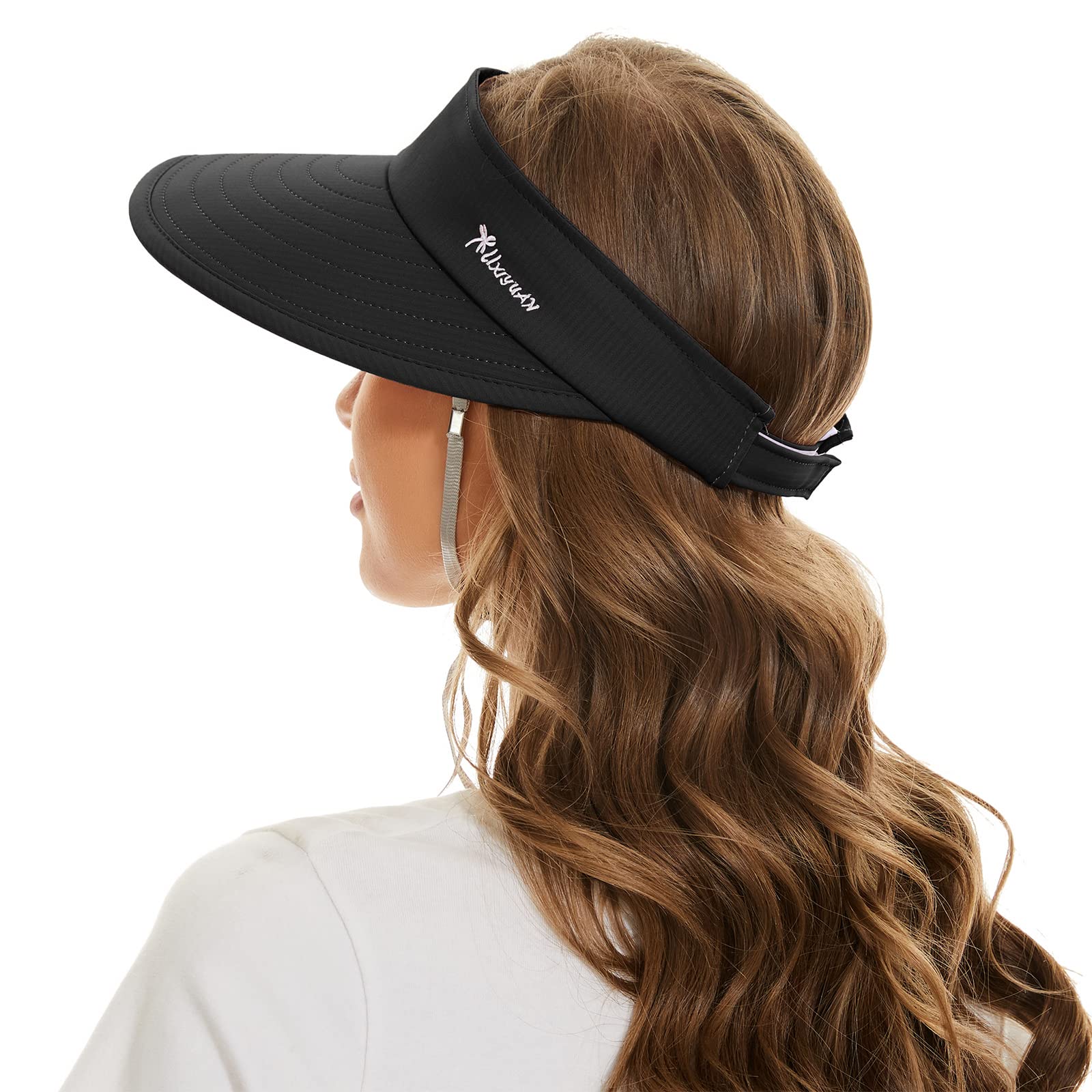 Sombreros de sol para mujer, protección UV, ala ancha 2 en 1, visera con cremallera, para verano, playa, sombrero de golf plegable, Negro -, Talla única 4