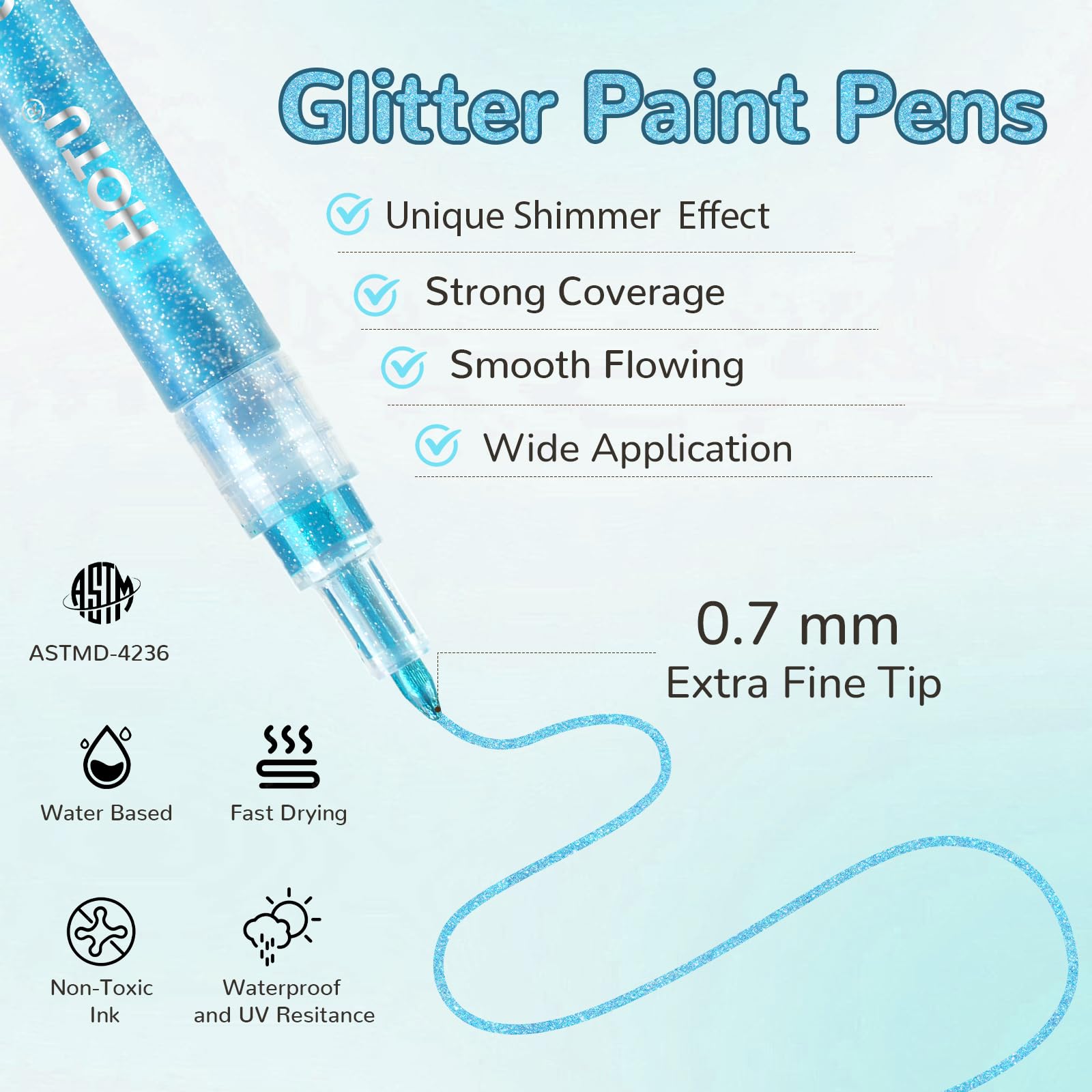 HOTU 24 Glitzer Filzstifte Zeichenset, Glitzer Glitzerstifte 0.7mm - Pinces acryliques à base d'eau pour filles Basteln von Steinen, céramique, verre, bois, tissu, bricolage Projekte Ect