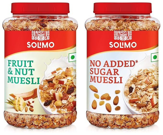 Amazon Brand Solimo - Fruit and Nut Muesli 1kg & Amazon Brand - Solimo No Sugar Muesli 1kg