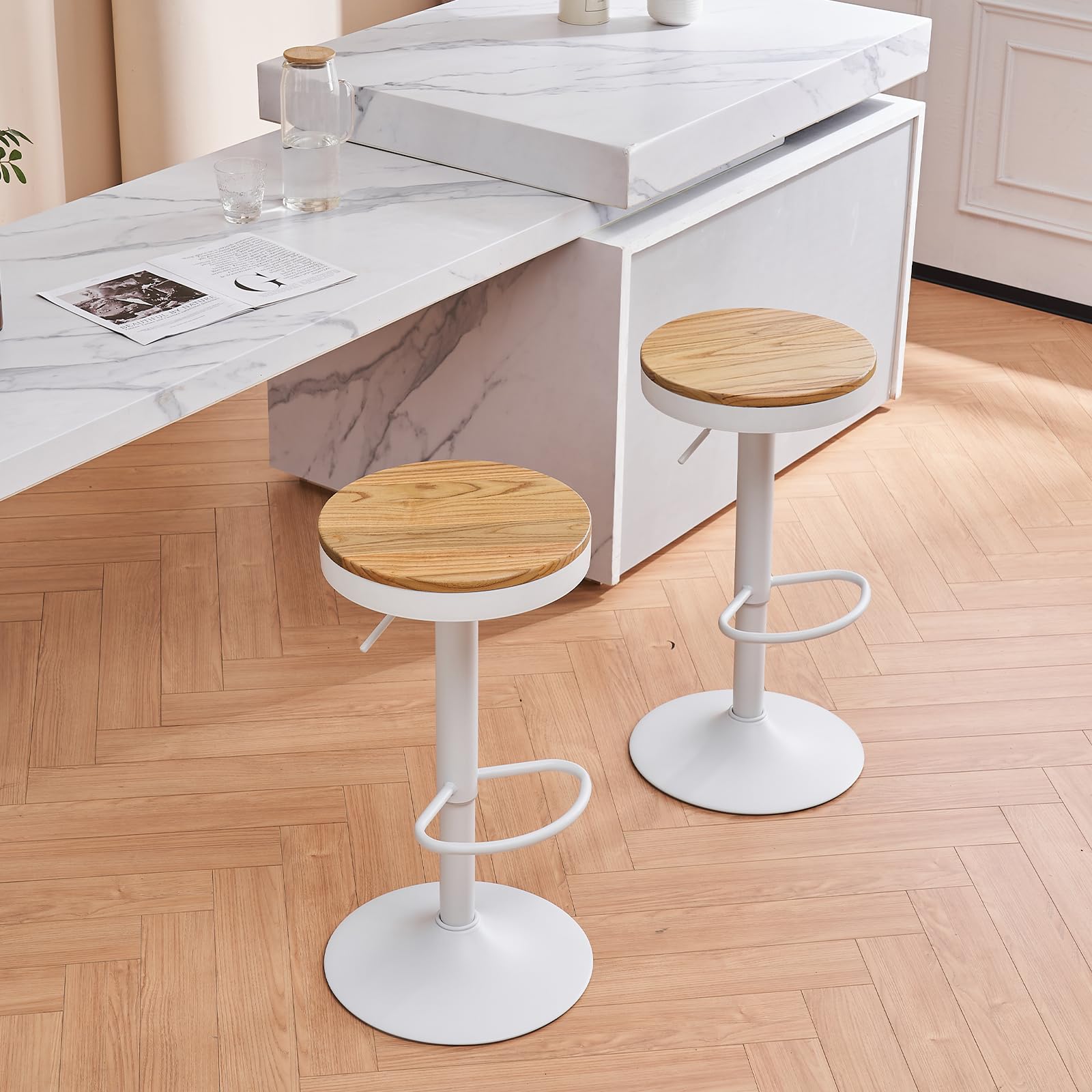 YOUNIKE Sgabello Bar Legno Rotondo Sedie Alta Bar Seduta Ilot Central Cucina Sedile Bar Set di 2 Vintage Regolabile Rotazione Metallo Girevole Bianco
