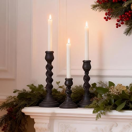 Miniatura 5 de Portavelas de 3 piezas, portavelas rústico negro para velas de pilar, 100% madera maciza, portavelas decorativo, de madera envejecida, portavelas