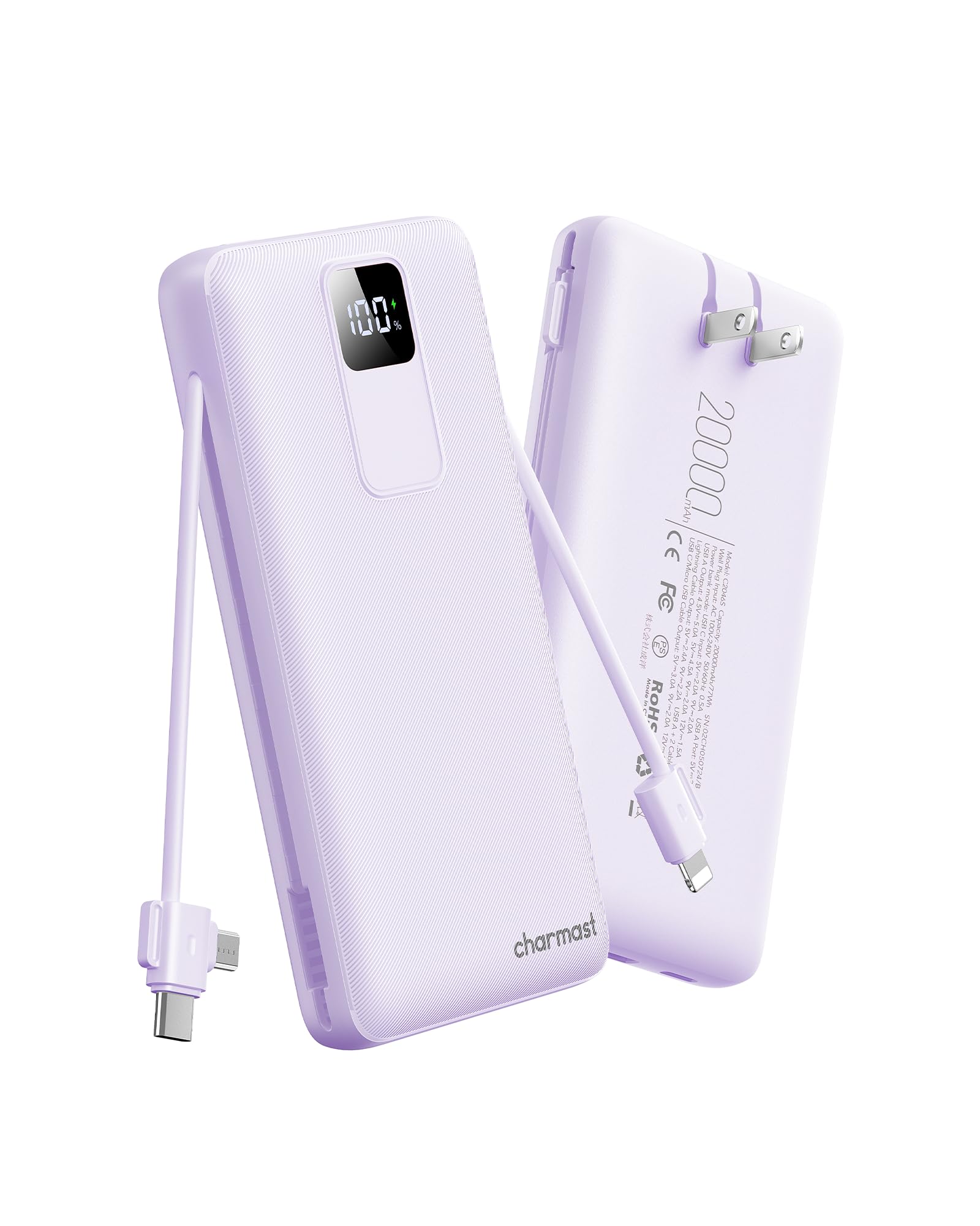 charmast 20000mAh Portable Charger with Built-in Cables Wall Plug 20W USB C Power Bank Fast Charging Battery Pack