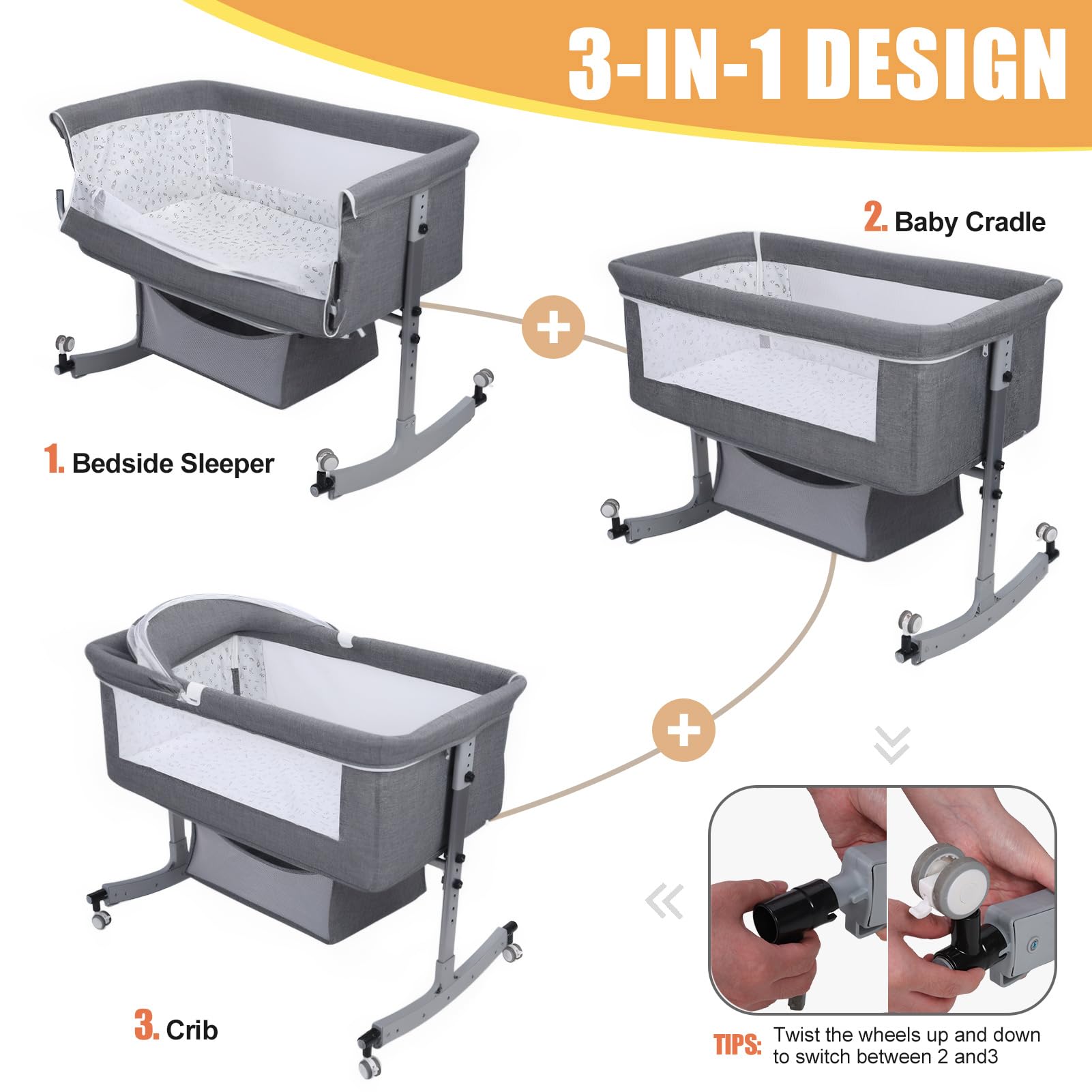 Berceau Cododo Bébé Évolutif avec Moustiquaire, Lit Bébé Réglable en Hauteur et Bascule, Couffin avec Support et Roues Verrouillables – Gris