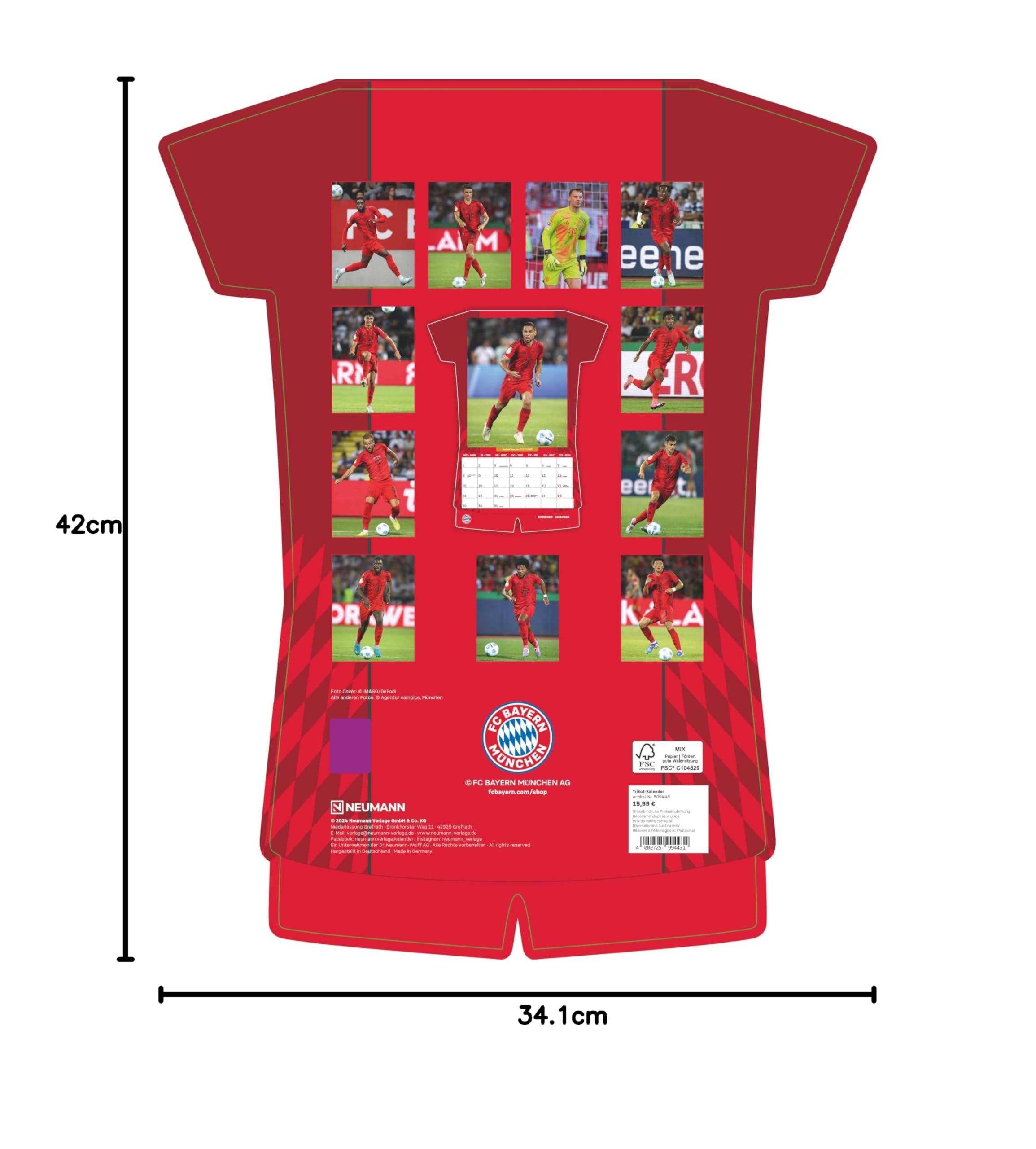 N NEUMANNVERLAGE Calendrier maillot du FC Bayern Munich 2025, 34,1 x 42 cm, calendrier de football avec motifs des stars, calendrier pour fans avec points forts de football, reliure à spirale et