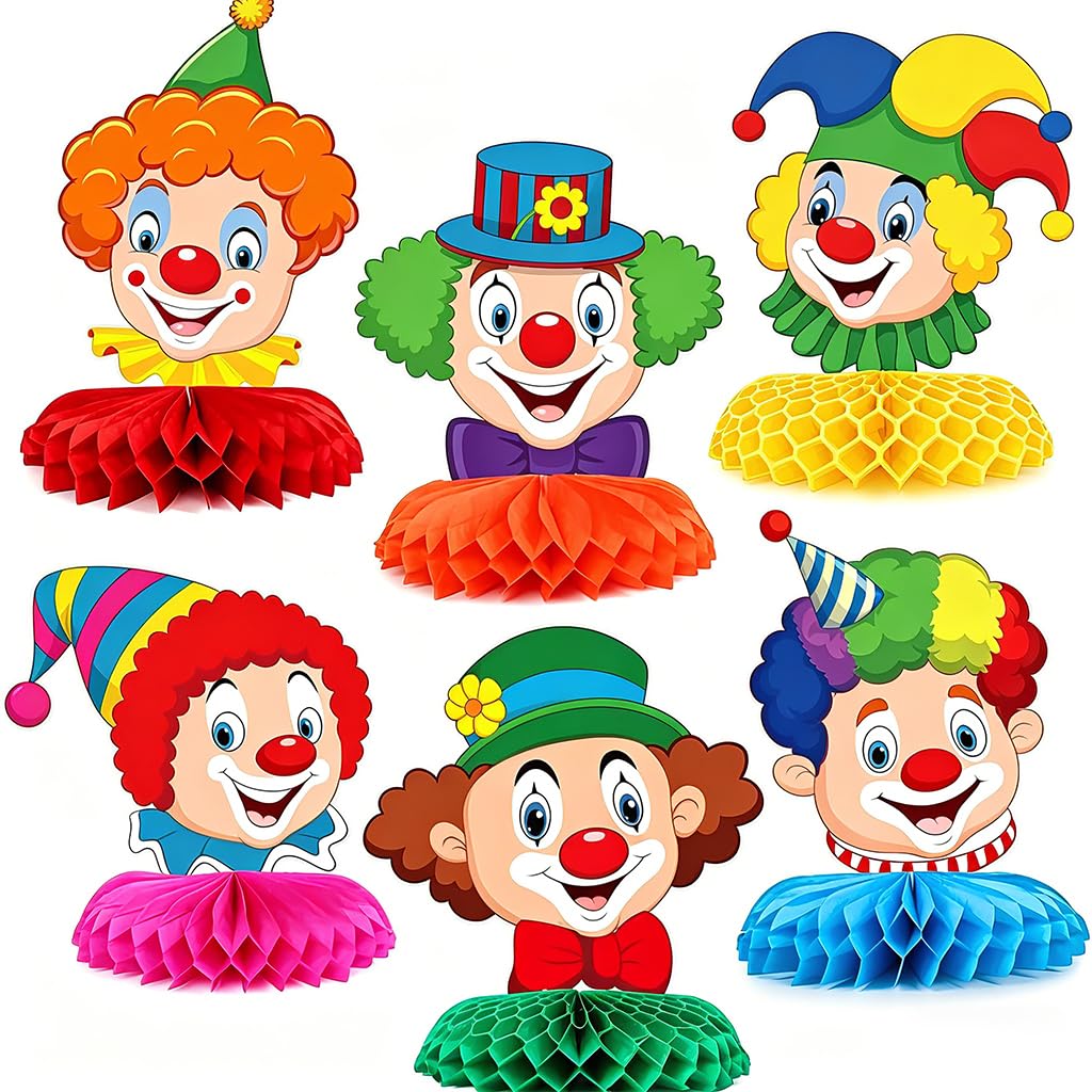 Lot de 6 Décoration Carnaval Clown en Nid d'Abeille, Centre de Table Cirque 3D pour Fête, Déco Anniversaire Enfant et Mardi Gras, Ornements Papier Alvéolé pour Ambiance Festive et Colorée (6Pcs)