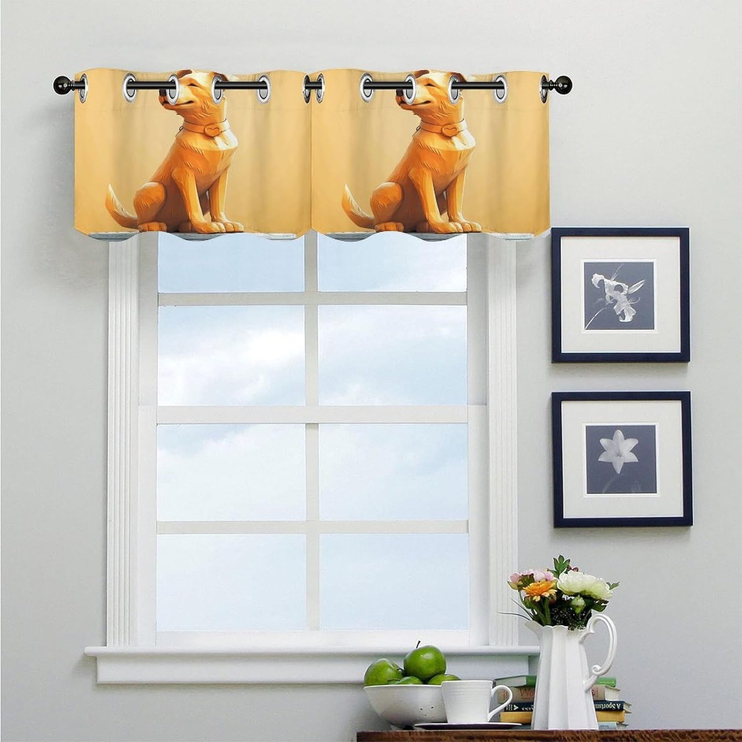 Dog Sculpture Curtain 2 Panels, Polyester Fiber, Blackout Insulated Window Curtain, Curtain Valance for Kitchen Dining Room Living Room Cafe Small Window 52 * 18.1 Inches