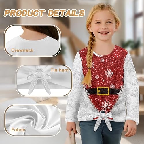 Capybara Girls Long Sleeve Shirt Tie Front Knot T-Shirts Crew Neck Tops for Outdoor Indoor(Christmas,5-6 Years)