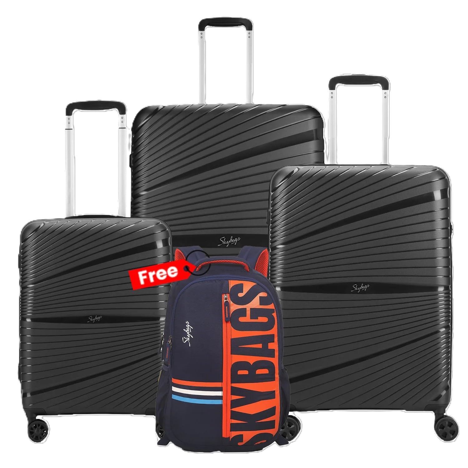 SkybagsPolypropylene (Pp) Set Of 3 (Small, Medium & Large) Hardshell Suitcase (55+66+77 Cm) | Luggage With 8 Spinner Wheels,Ultra Light Weight,Trending Colour Trolley Bags (Black)