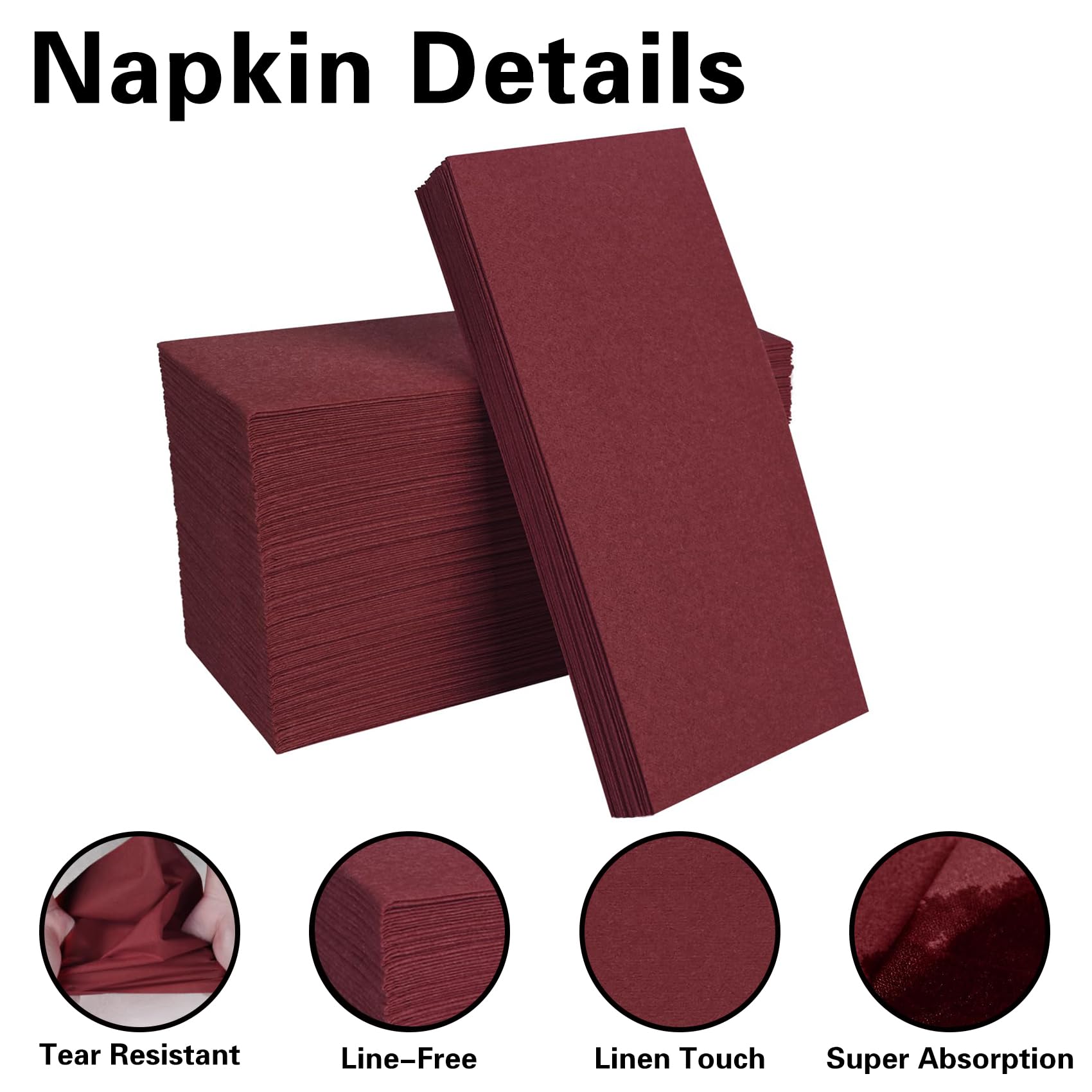 Paquete de 100 servilletas de papel desechables de color borgoña oscuro, toallas de mano desechables con tacto de lino, suaves y absorbentes, servilletas de papel para cocina, baño, fiestas, bodas,