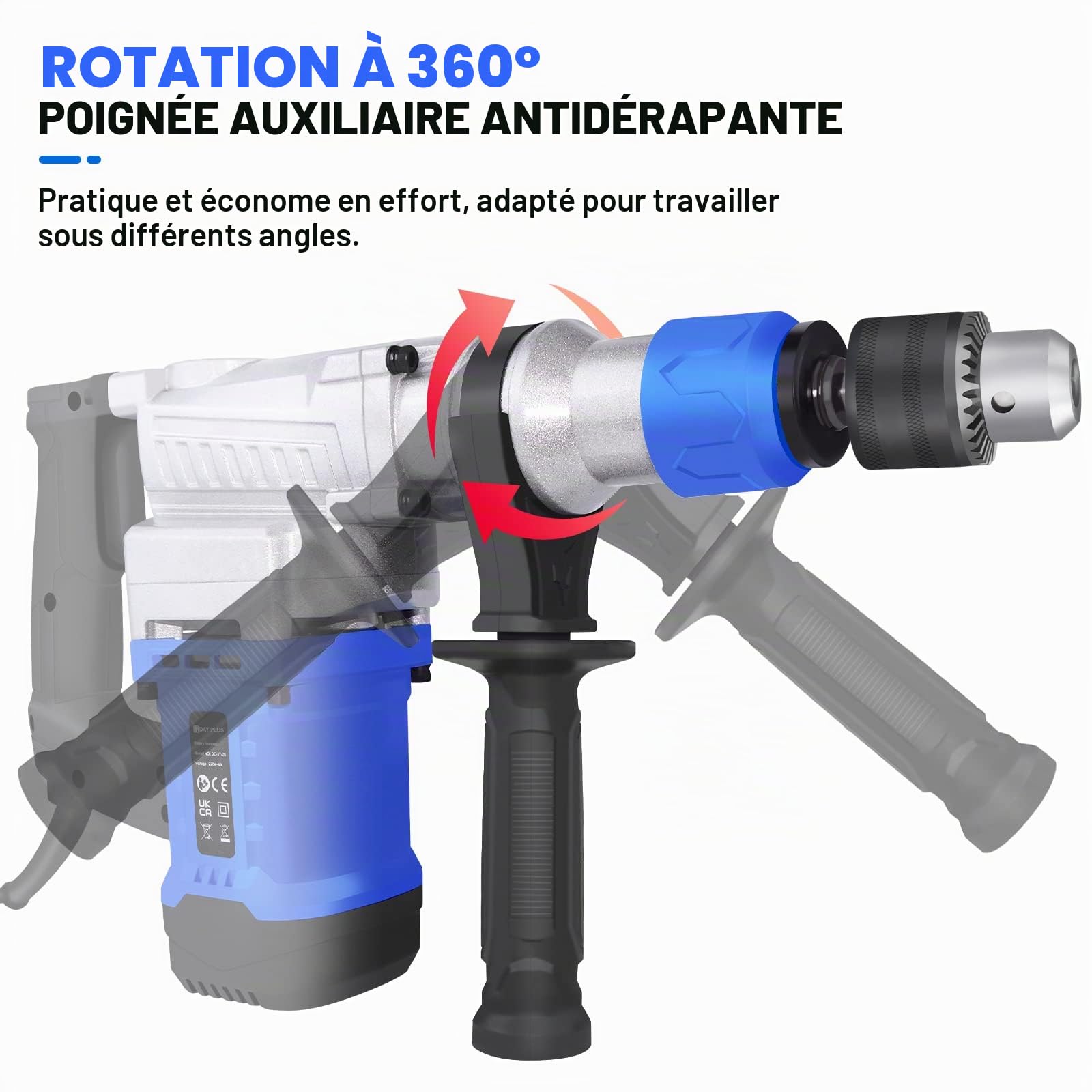 Kit marteau piqueur de démolition électrique 1500 W avec poignée rotative à 360°, 6 vitesses variables, avec graisse, burin, forets