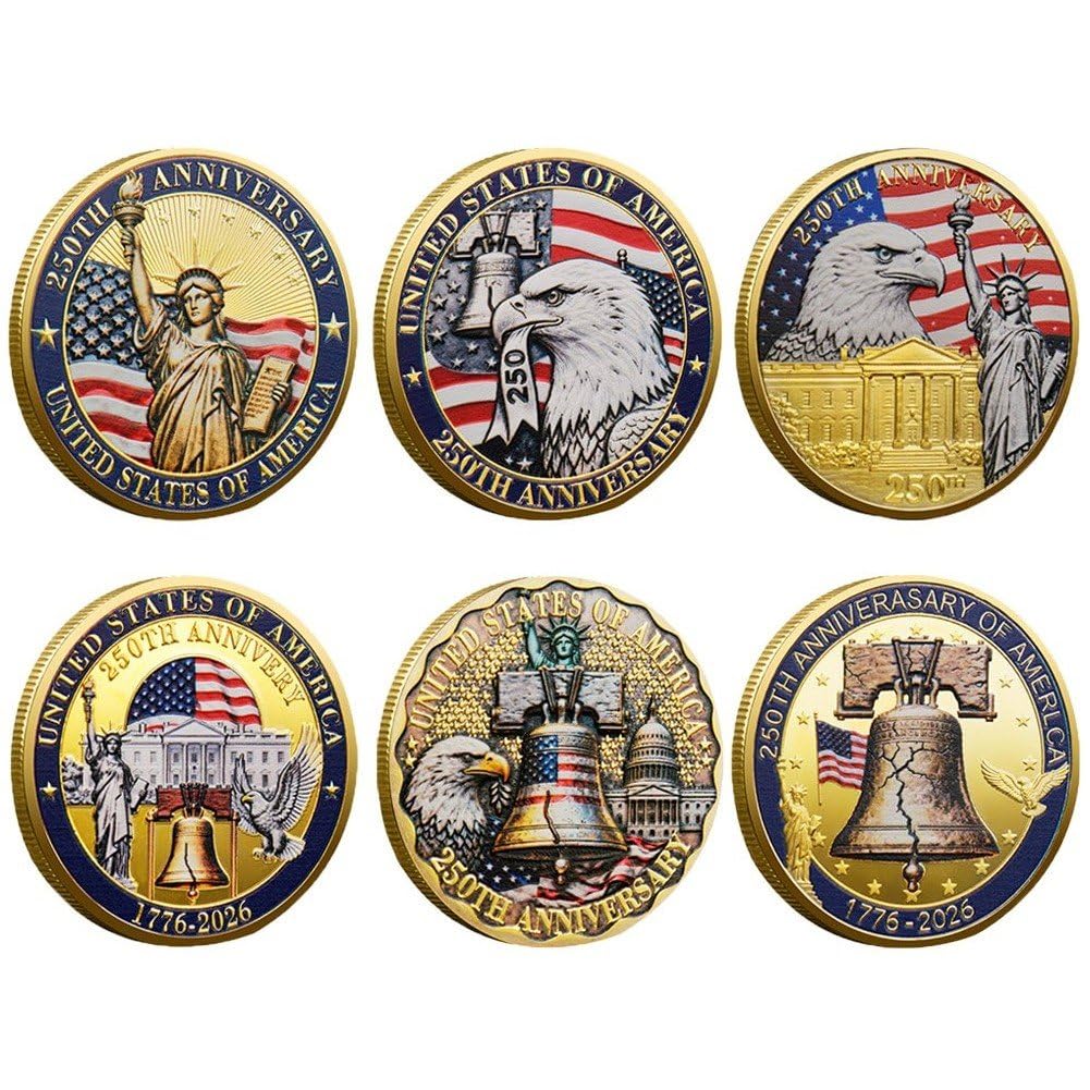 Fituenly 6 Pcs 250th Anniversary Usa Commemorative Coin,American 1776-2026 Eagle Bell Statue Patriotic Symbols Collectible,250 America Merchandise for Celebration