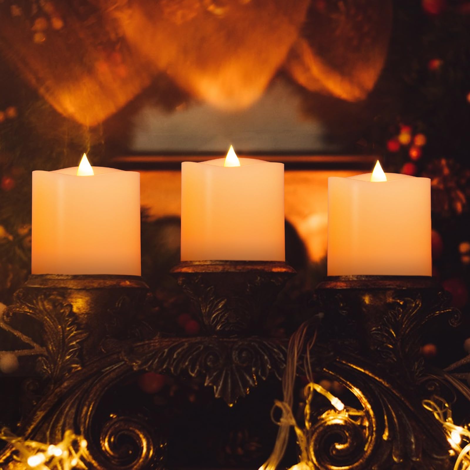 ASLDOIWEH 3x3 Flickering Flameless Candles Set of 3, 2AA Battery Life 600 Hours Battery Candles Flickering with Timer,3 inch Flameless Candles with Remote for Party/Wedding,Ivory
