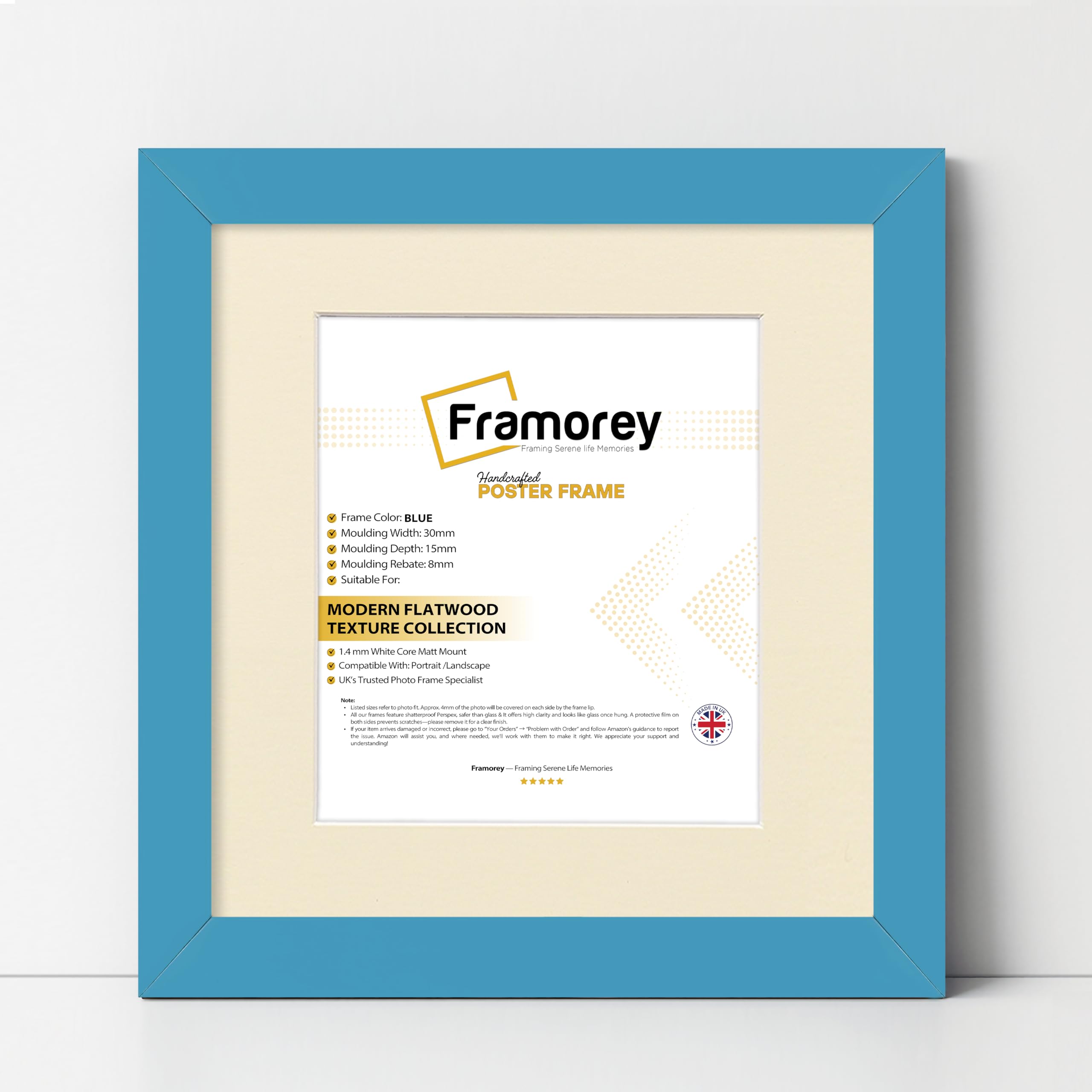 FRAMOREY Square Oxford Flat Wooden Effect Picture Frame, 17x17" Size Blue Photo Frame With 15x15" Size Ivory Mount, Photo Print Frame, Best Photo Frames For Birthday Gift