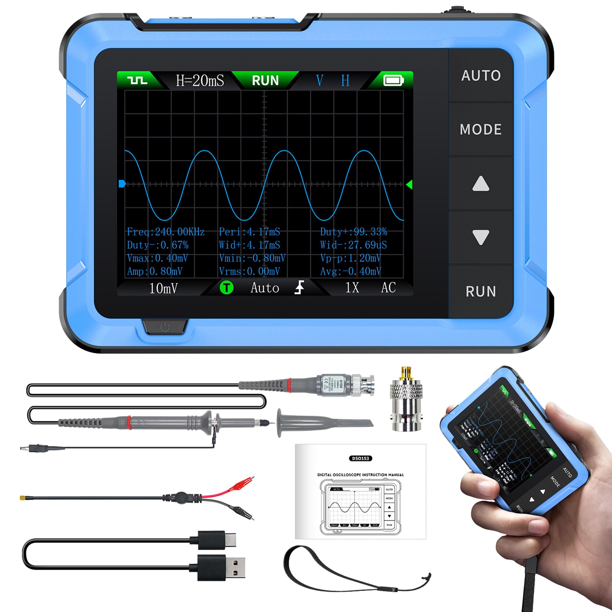 DSO-510 Osciloscopio Portátil 2 en 1 con Generador de Señales DDS, Mini Digital Osciloscopio, TFT de 2,8″, Anchura de Banda 10MHz, Frecuencia de Muestreo 48MSa/s, Disparo Auto/Normal/Único