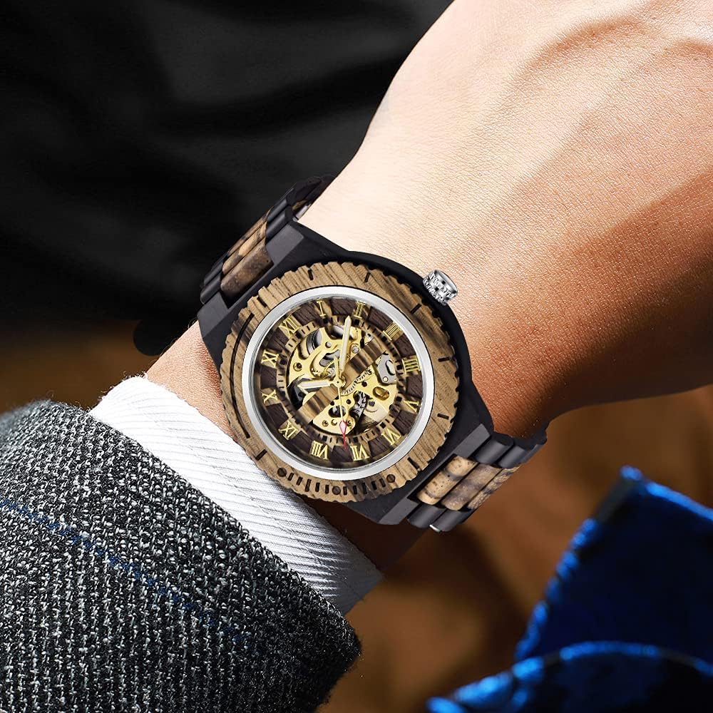 Tiong Herren Holz Mechanische Uhren Skelett Römische Ziffern Automatikaufzug Holzuhr Leichtgewicht für Männer Armbanduhr
