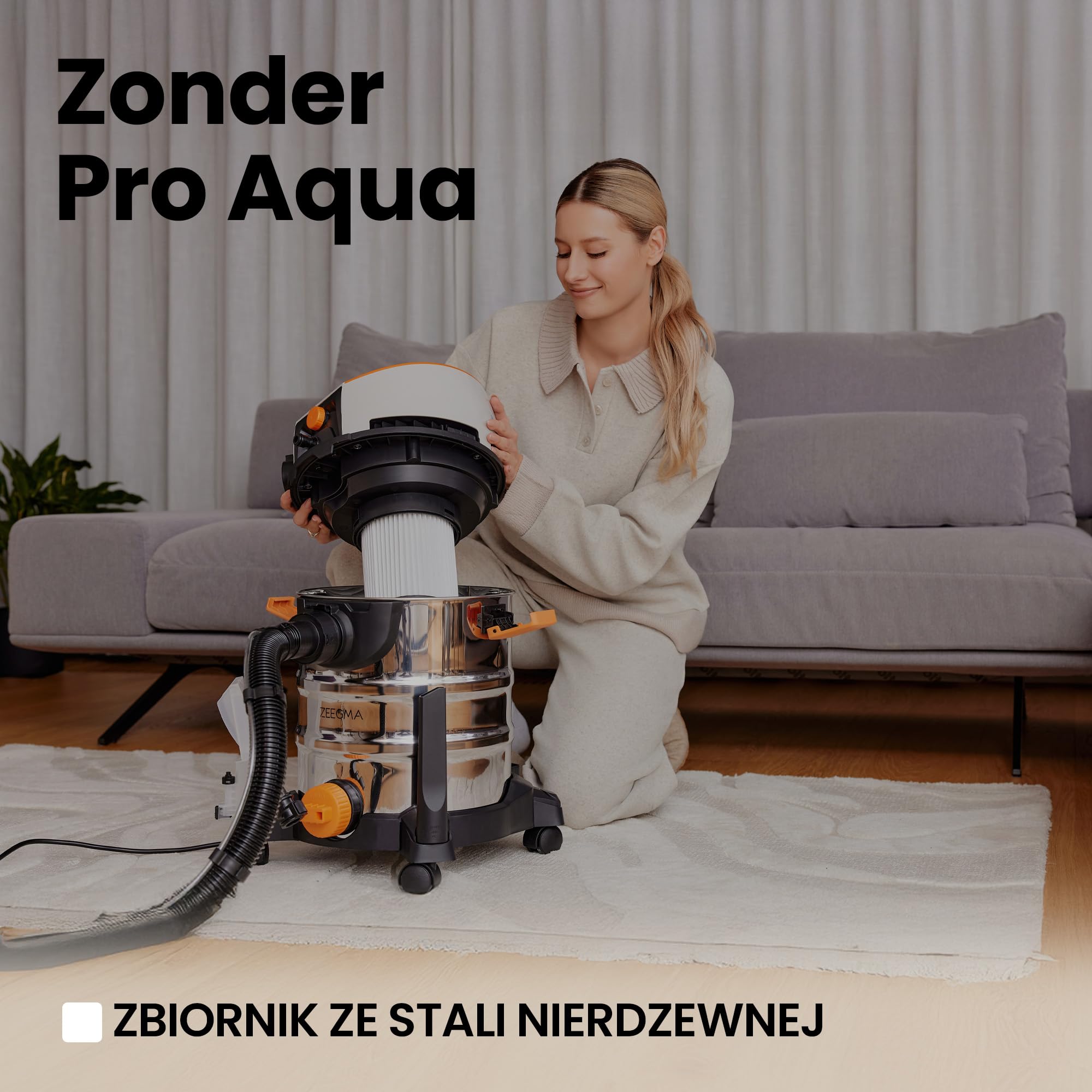 ZEEGMA ZONDER PRO AQUA Odkurzacz Piorący do Pracy na Mokro i Sucho 1400W, do Dywanów Samochodu Tapicerki Schodów, Zbiornik na Wodę Czystą 4 L, Zestaw Filtrów oraz Ssawek Piorących