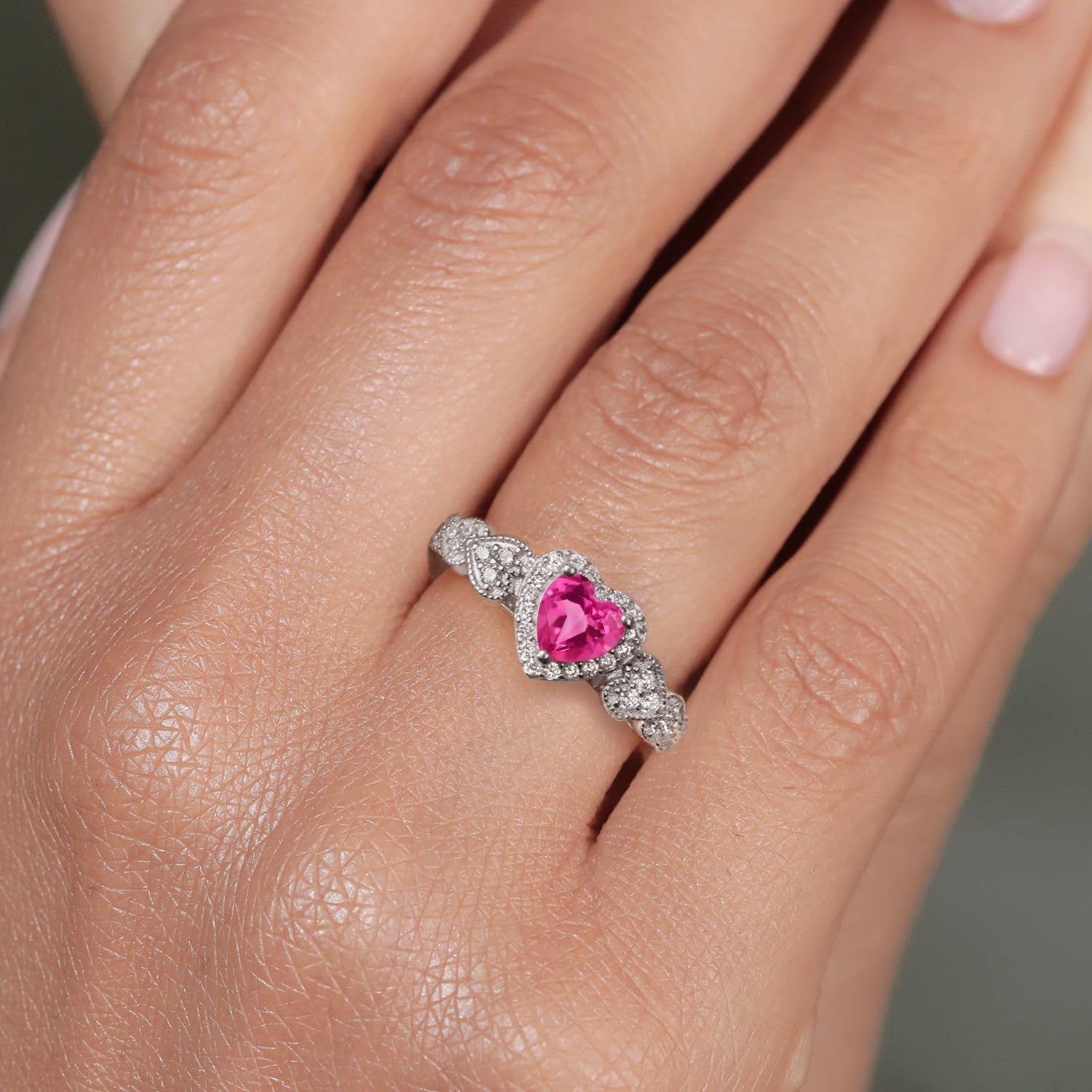 Gem Stone King Gemstone Birthstone and White Moissanite Halo Ring for Women | 925 Sterling Silver | 6MM Heart Shape | Wedding Anniversary Engagement Promise Ring